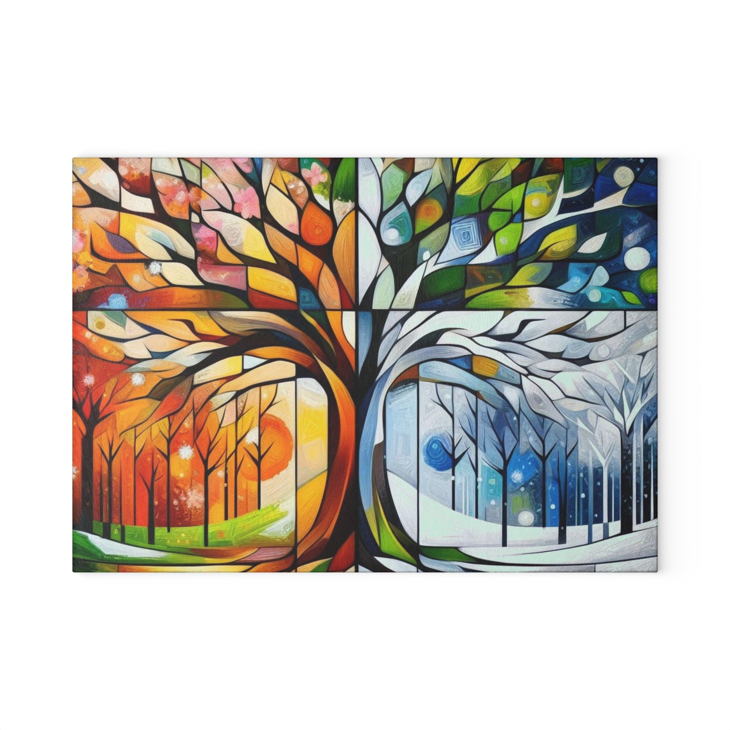 Four Seasons Tree Glass Cutting Board — Colorful Seasonal Kitchen Decor