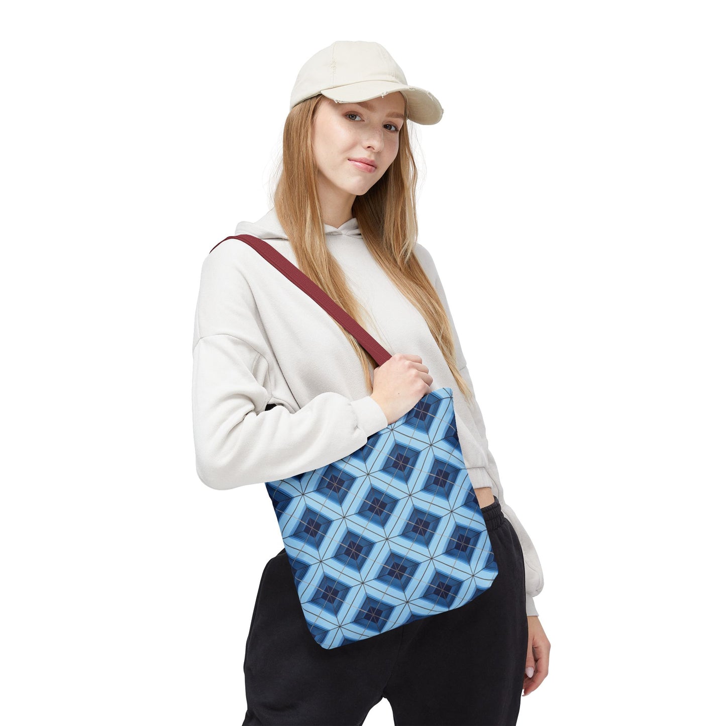 Blue Geometric Tote Bag — Repeating Diamond Pattern AOP