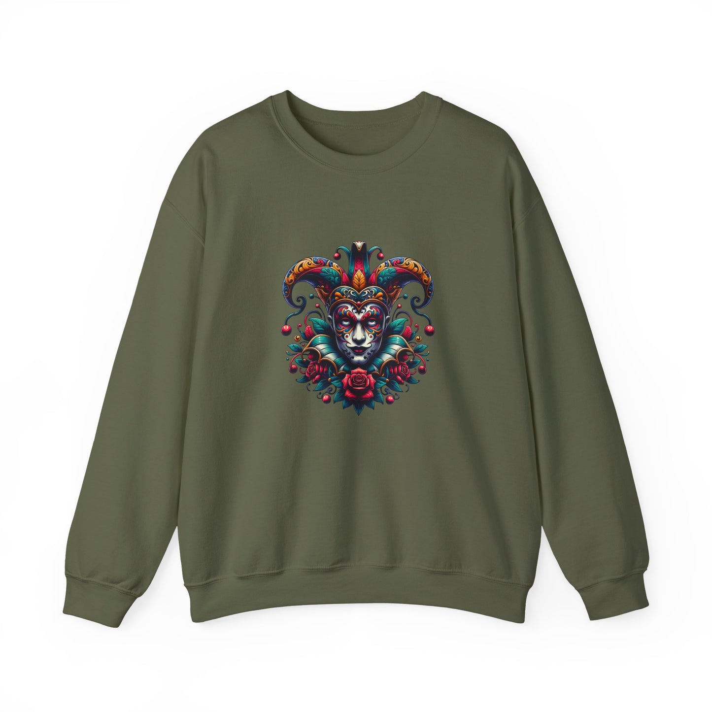 Colorful Jester Sweatshirt, Unisex Heavy Blend Crewneck, Unique Art Apparel, Trendy Fashion, Cozy Gift for Adults