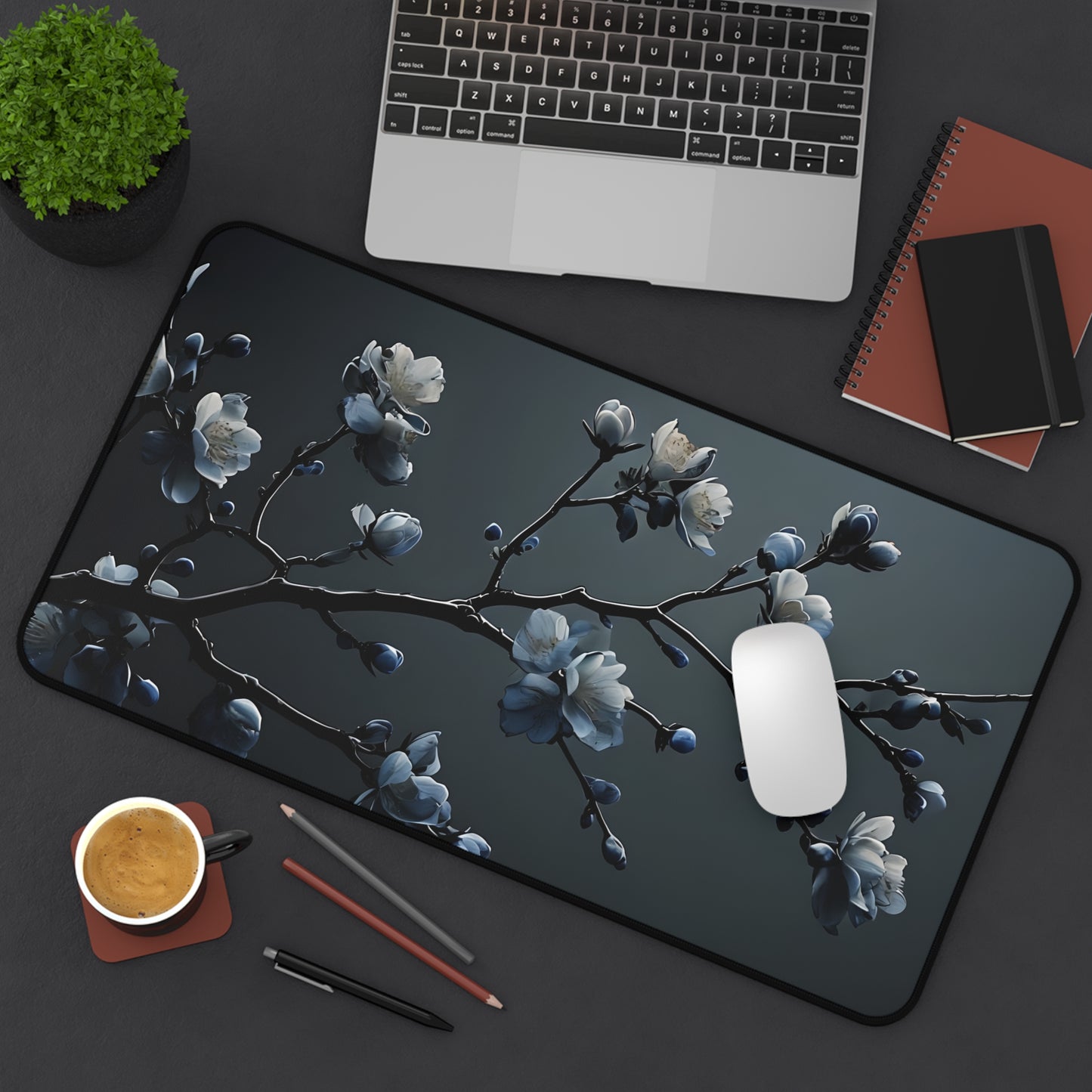 Floral Branch Desk Mat — Dark Blue Cherry Blossom Mouse Pad
