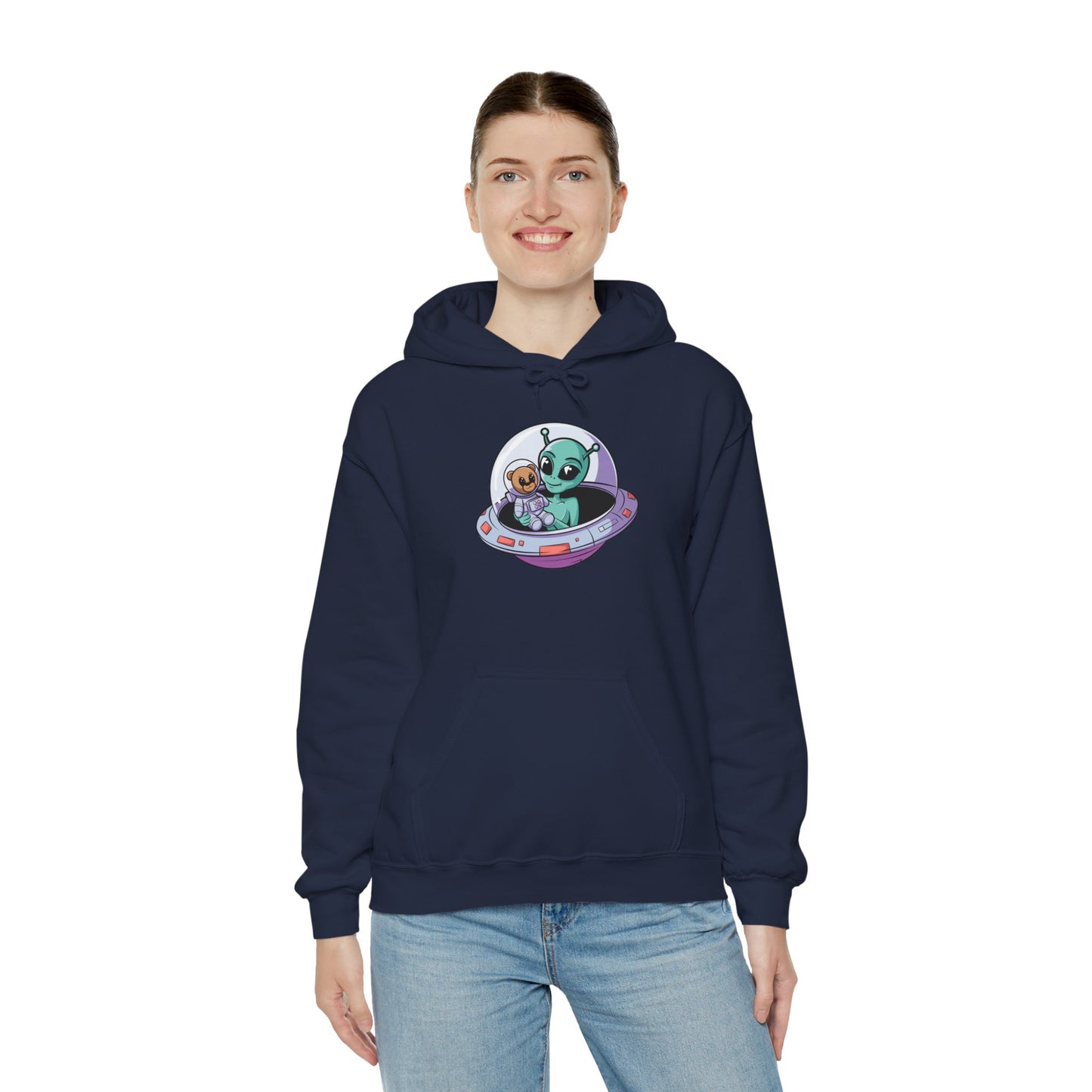 Cute Alien and Kid Hoodie, Unisex Heavy Blend Sweatshirt, UFO Lover Gift, Halloween Costume, Space-Themed Outfit, Birthday Present