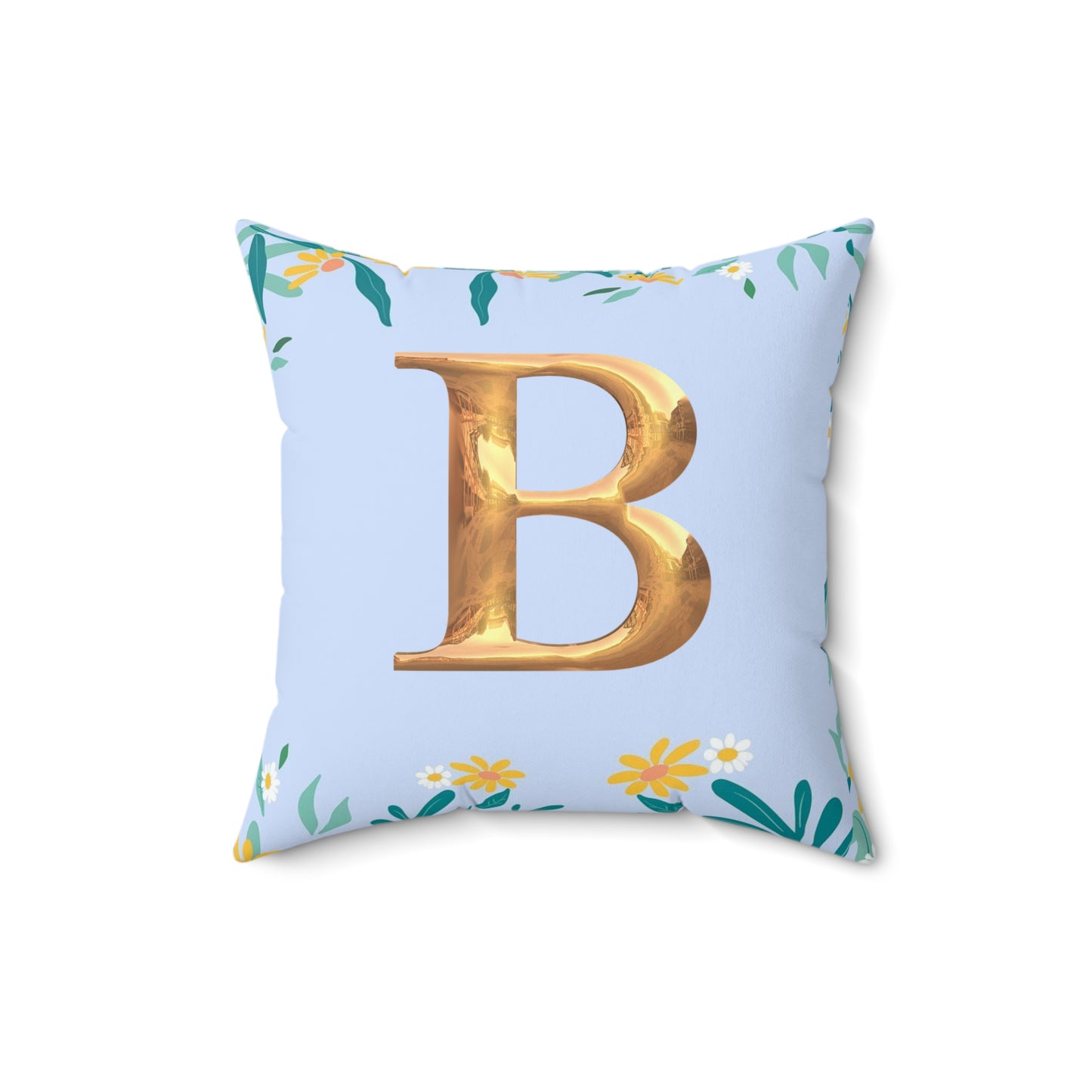 Floral Border Square Pillow — Light Blue Daisy Accent Cushion