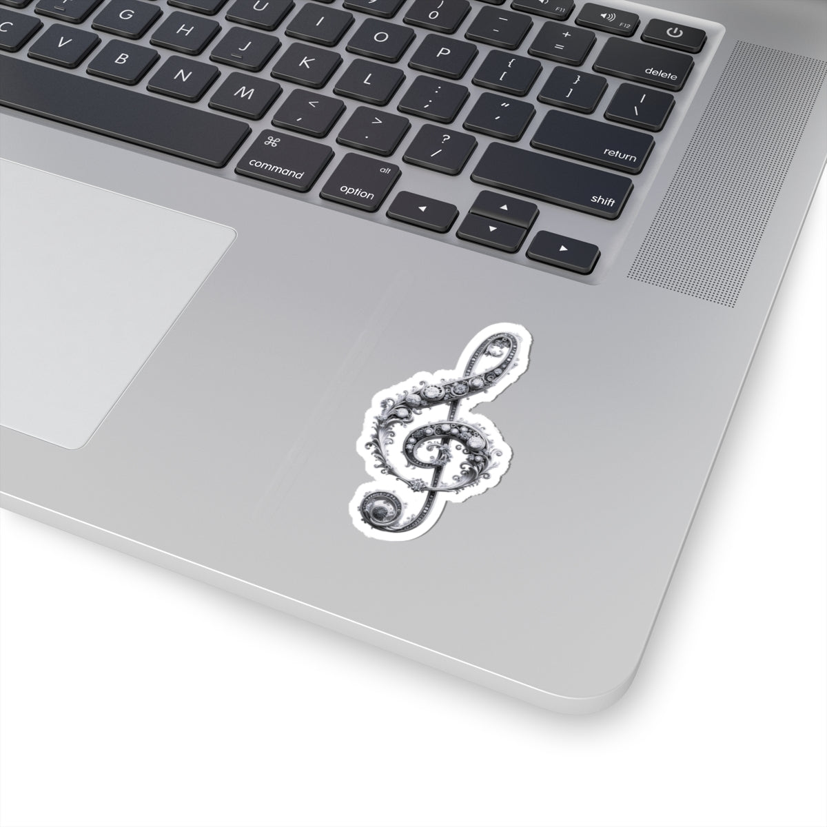 Ornate Treble Clef Kiss-Cut Sticker — Decorative Music Note Decal for Laptops & Instruments