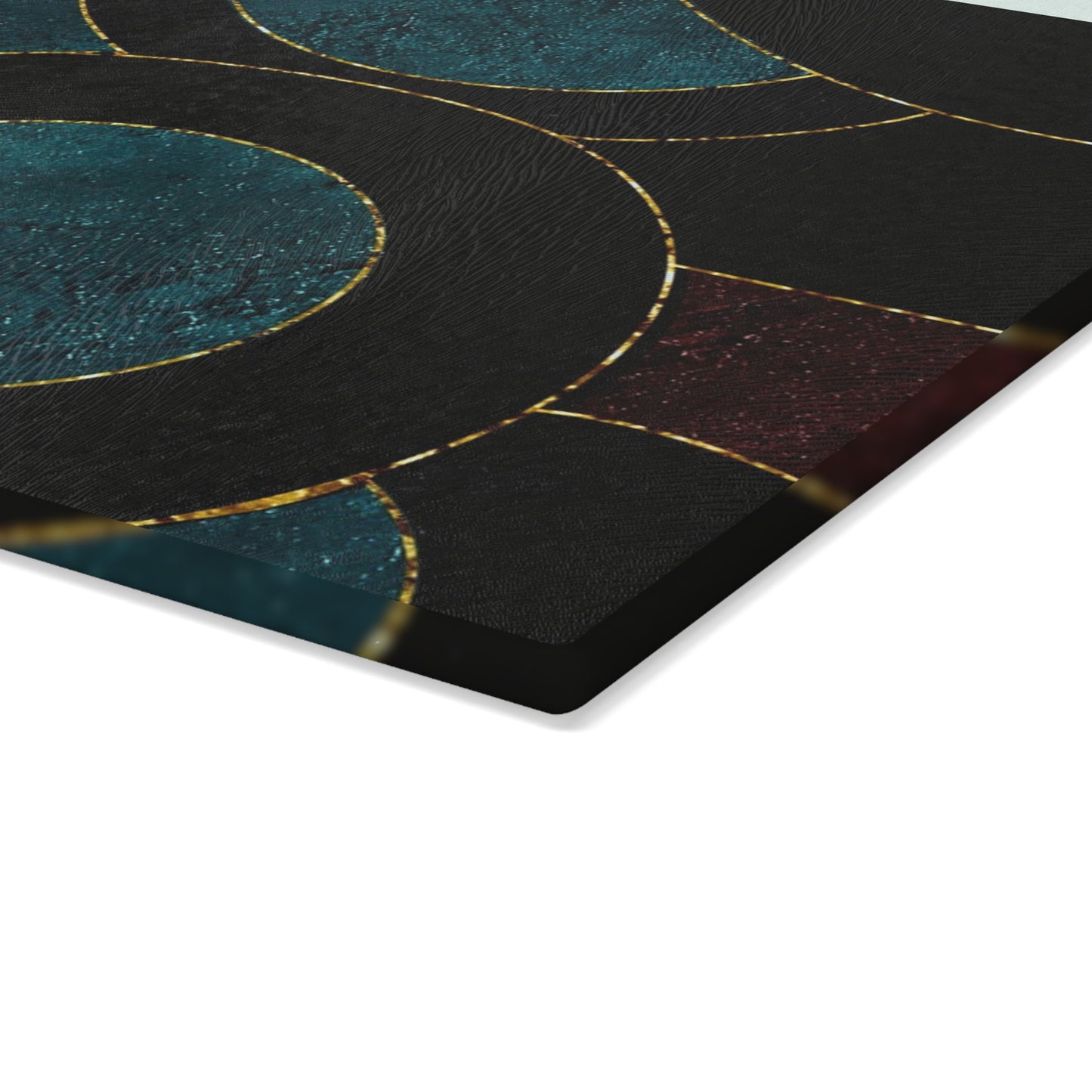 Geometric Circles Glass Cutting Board — Modern Teal & Burgundy Kitchen Decor