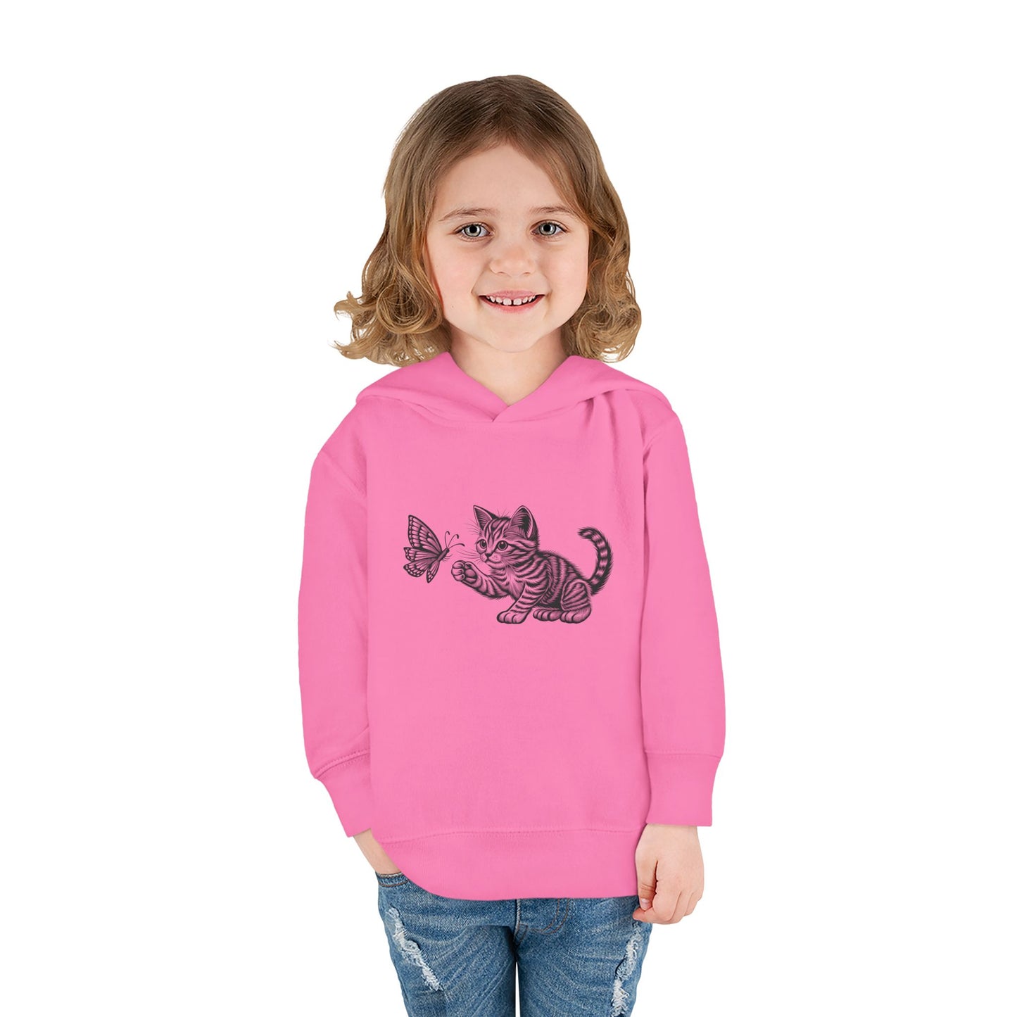 Cute Cat and Butterfly Toddler Hoodie, Toddler Pullover, Kids Fleece Hoodie, Animal Lover Gift, Playtime Pullover