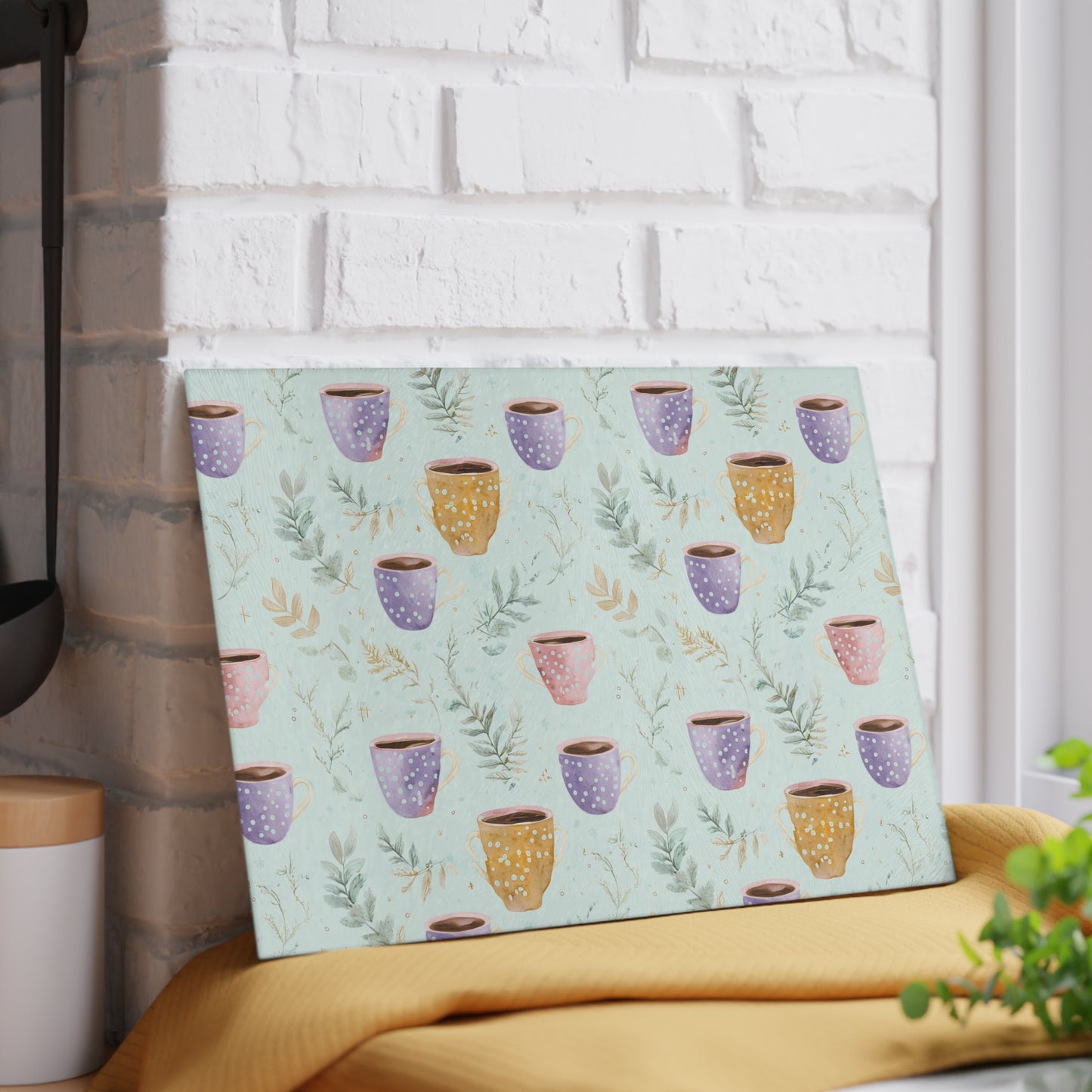 Ceramic Mugs Pattern Glass Cutting Board — Pastel Teacup Kitchen Chopping Board