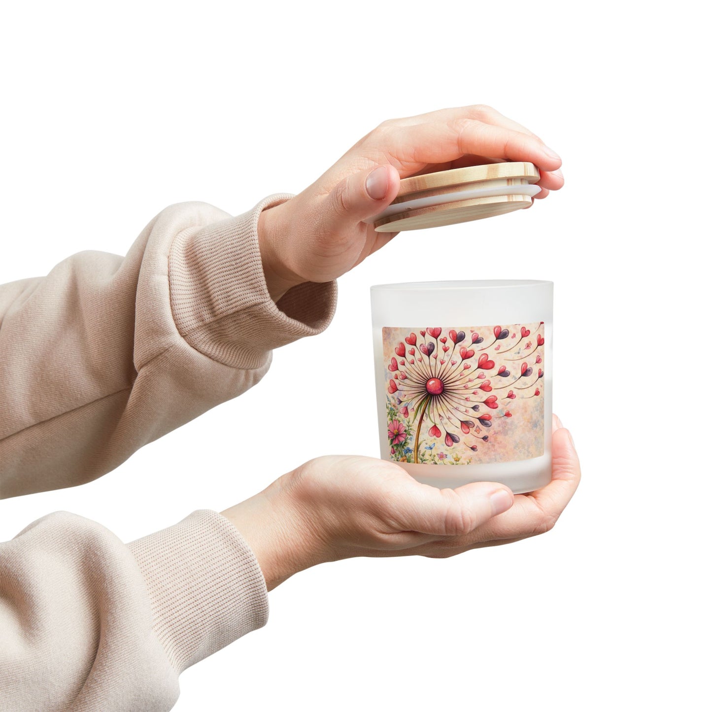 Frosted Glass Candle — Whimsical Heart Dandelion Floral Scented Candle (11oz)