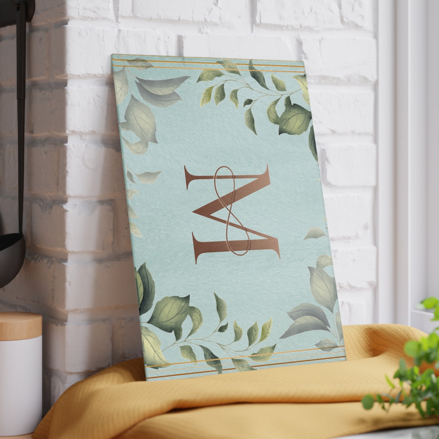 Monogram M Glass Cutting Board — Floral Mint Kitchen Decor