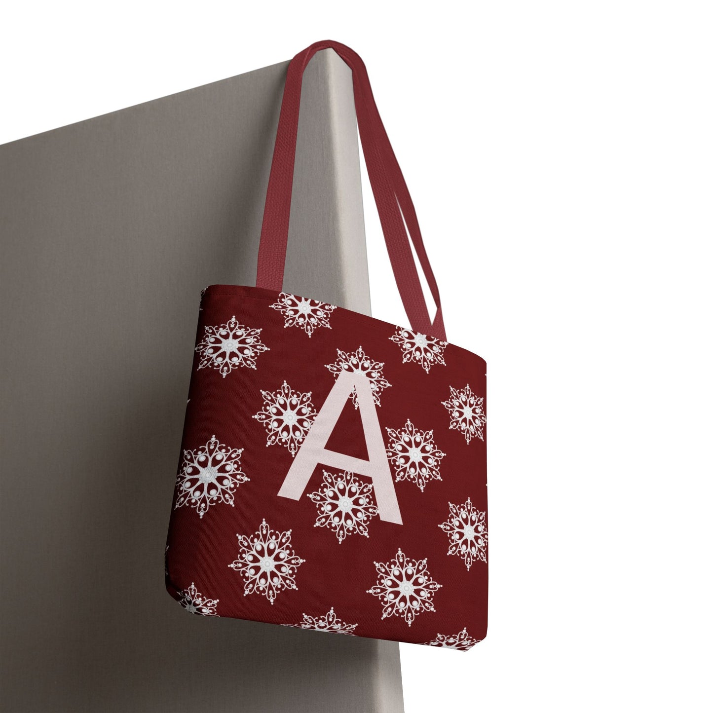 Monogram A Snowflake Tote Bag — Personalized Holiday AOP Tote