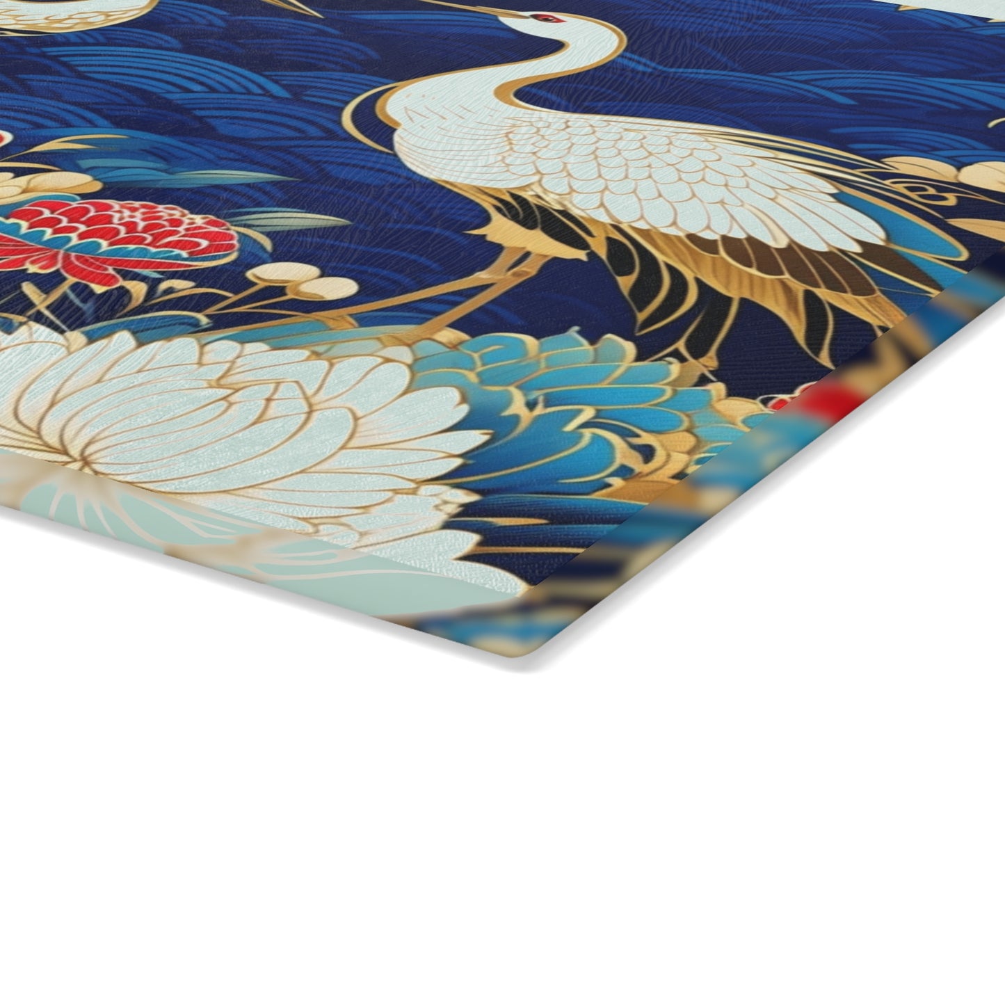 Glass Cutting Board - Elegant Japanese Crane & Peony Floral Pattern