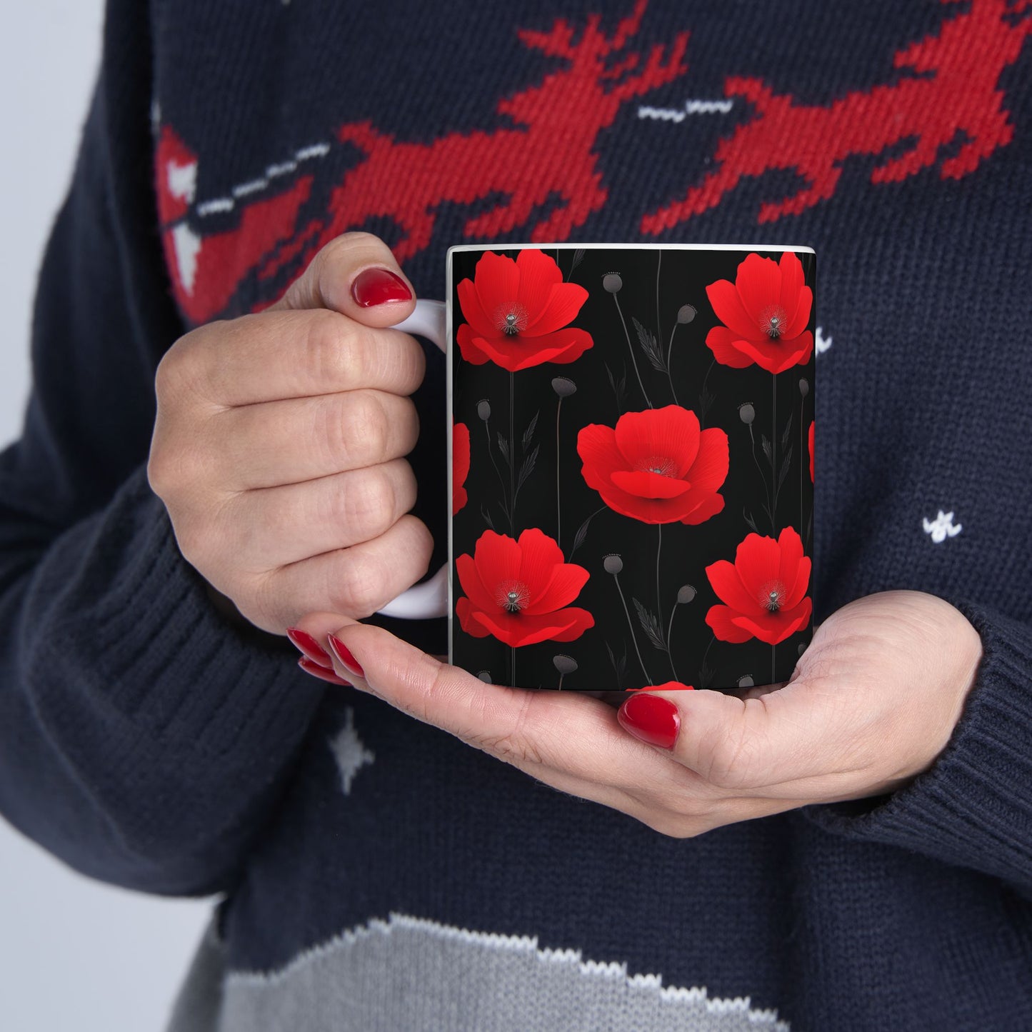 Red Poppy Floral Mug — Black Background Ceramic Coffee Cup (11oz, 15oz)
