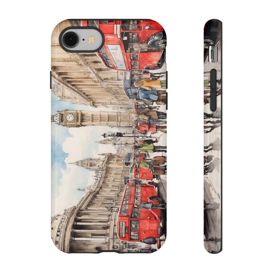 London Scene Phone Case, Tough Cases for iPhone, Travel Lover's Gift, Red Double Decker Bus Design, Vintage Cityscape Decor