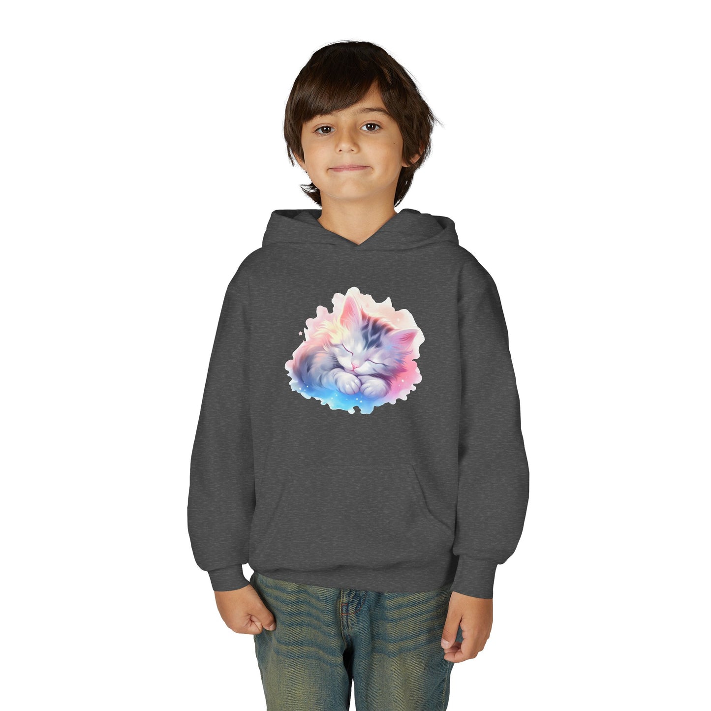 Kids' Cozy Rainbow Kitten Hoodie — Cute Sleeping Cat Youth Sweatshirt