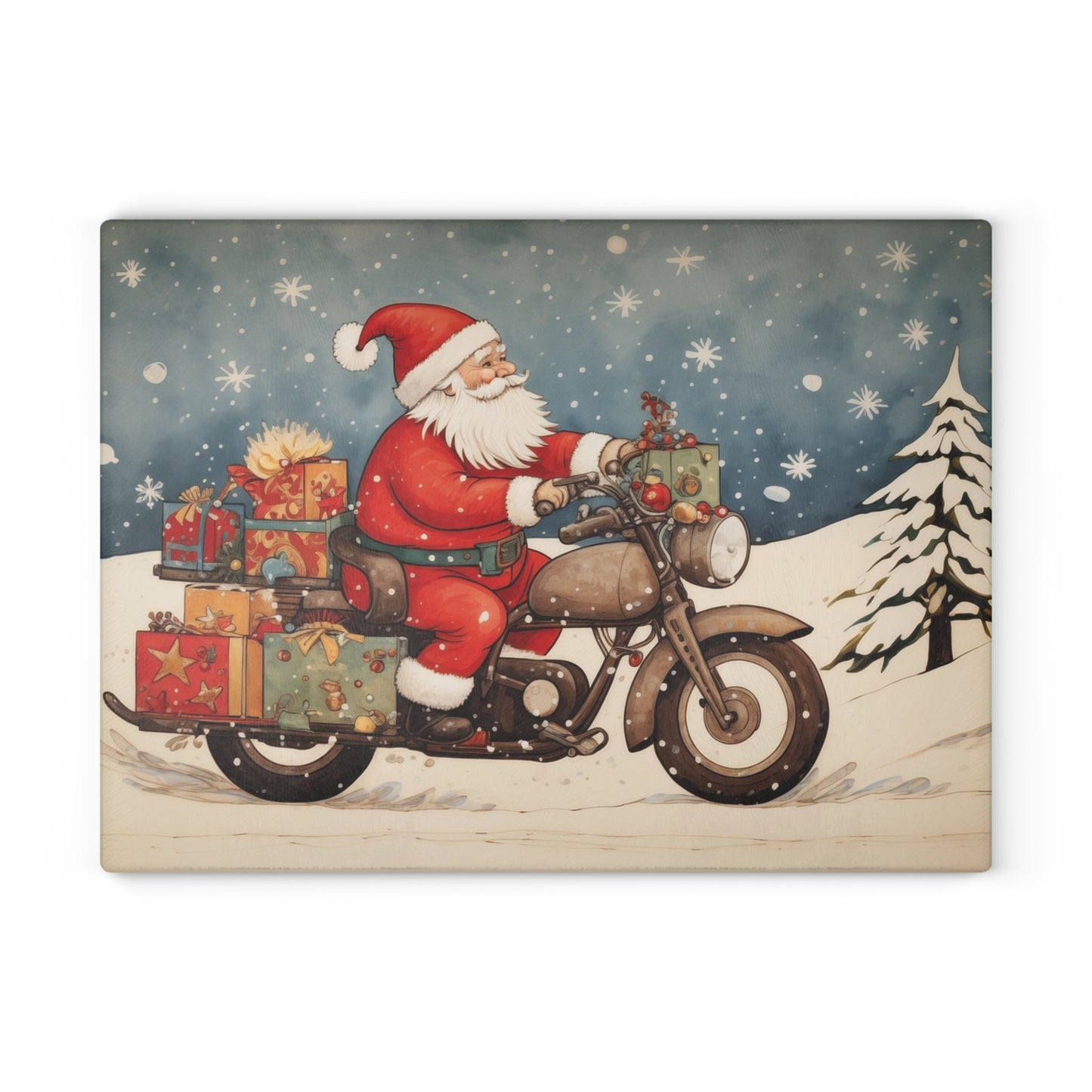 Festive Santa Motorcycle Glass Cutting Board, Holiday Kitchen Decor, Christmas Gift, Unique Cookware, Santa Gift Idea