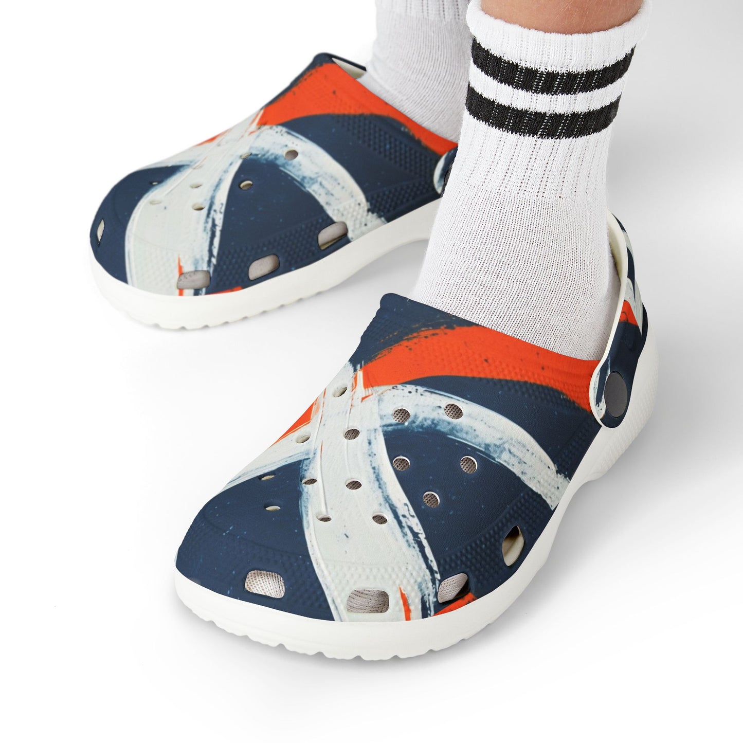 Kids Abstract Navy & Orange EVA Foam Clogs — Slip-On Summer Sandals