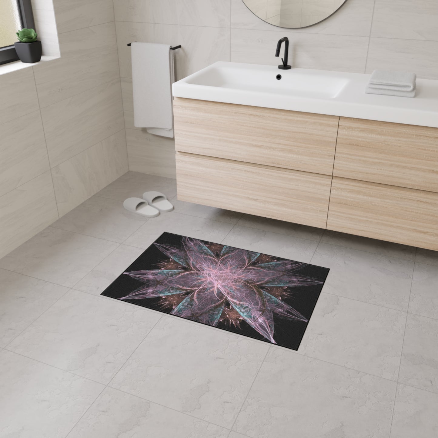 Abstract Floral Mandala Heavy-Duty Floor Mat — Pink Teal Fractal Design