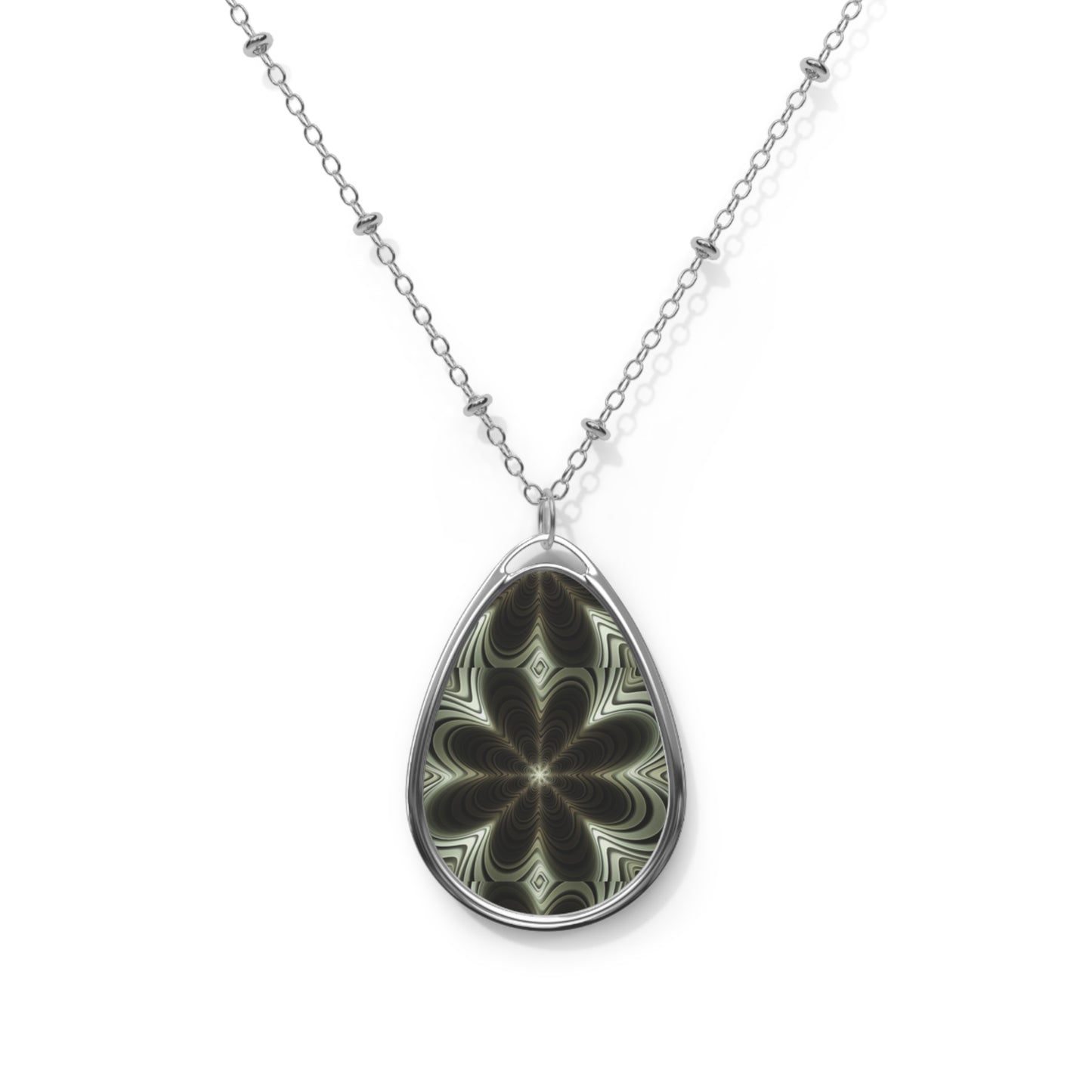 Elegant Oval Necklace, Flower Pattern Pendant, Boho Jewelry