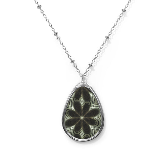 Elegant Oval Necklace, Flower Pattern Pendant, Boho Jewelry