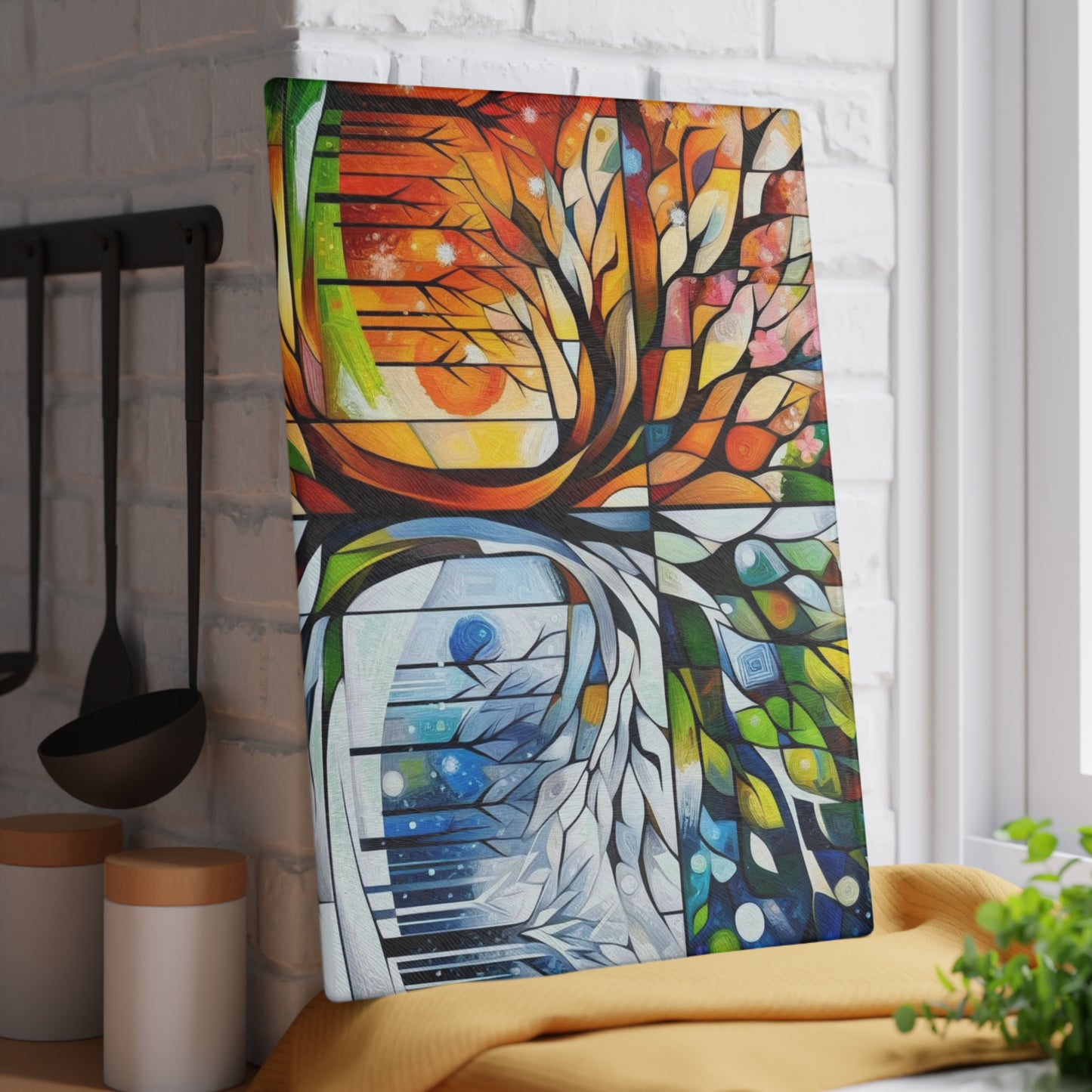 Four Seasons Tree Glass Cutting Board — Colorful Seasonal Kitchen Decor