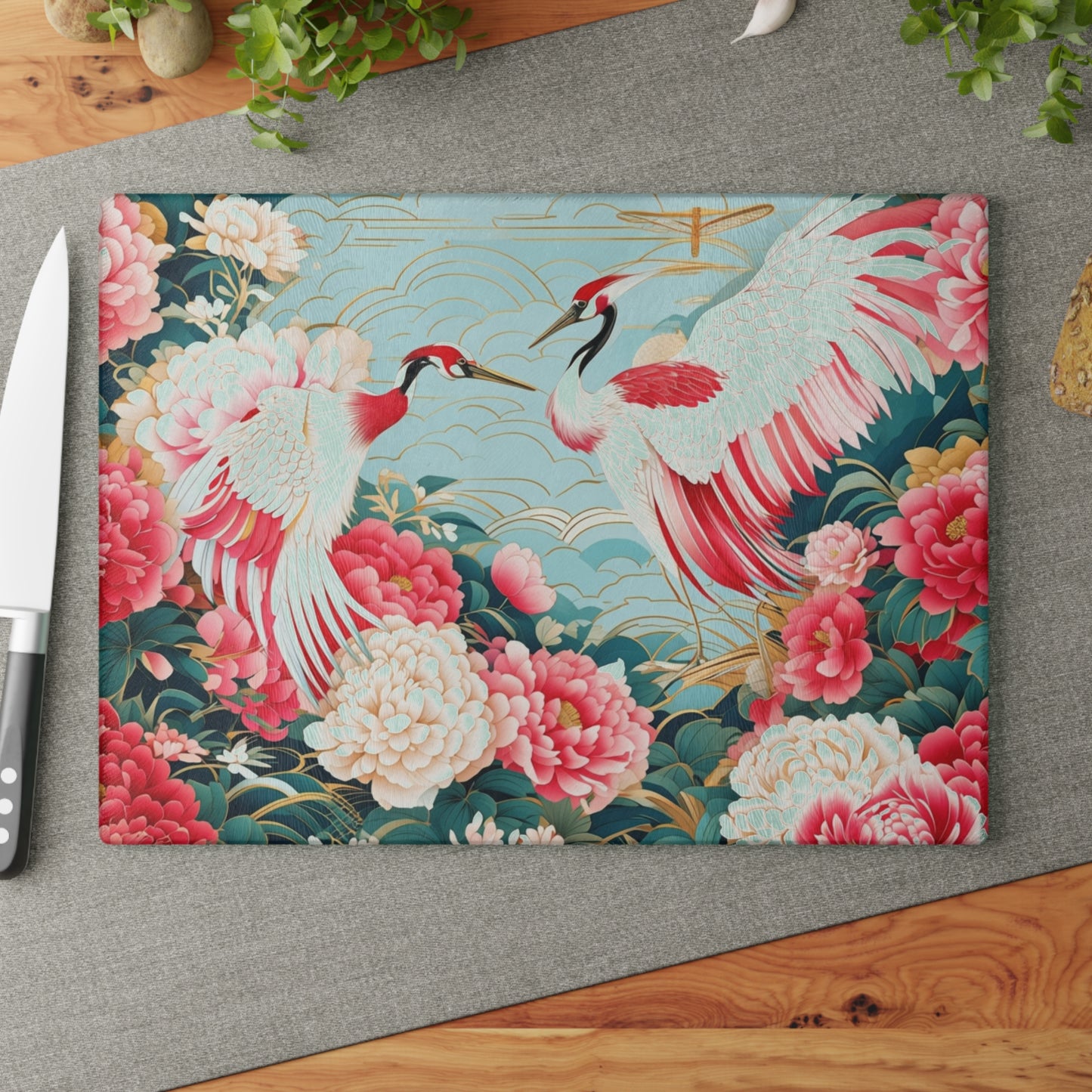 Glass Cutting Board — Elegant Cranes & Peonies Floral Kitchen Trivet