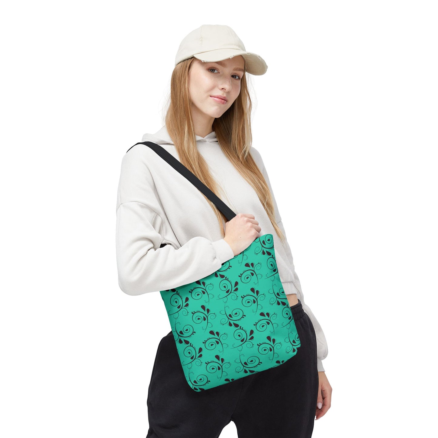 Turquoise Floral Swirl Tote Bag – All-Over Print Stylish Shopping Bag