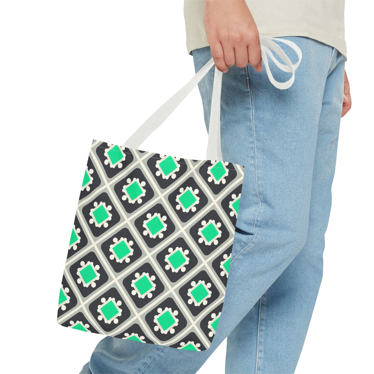 Geometric Mint Tile Tote Bag — Patterned All-Over-Print Shopper