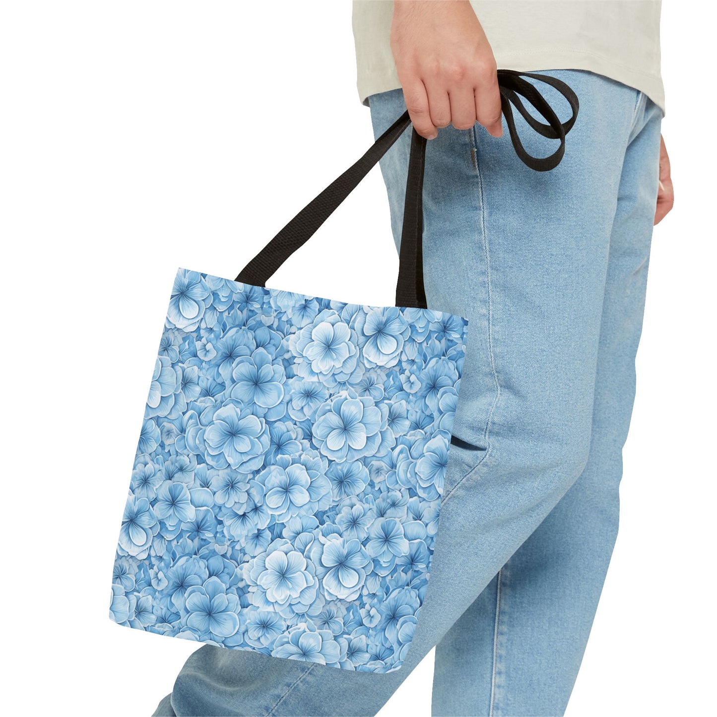Blue Watercolor Floral Tote Bag — Reusable Flower Pattern Shopper
