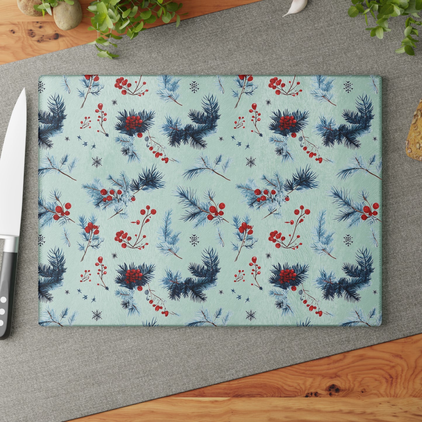 Winter Berries Glass Cutting Board — Festive Pine & Holly Kitchen Cutting Board