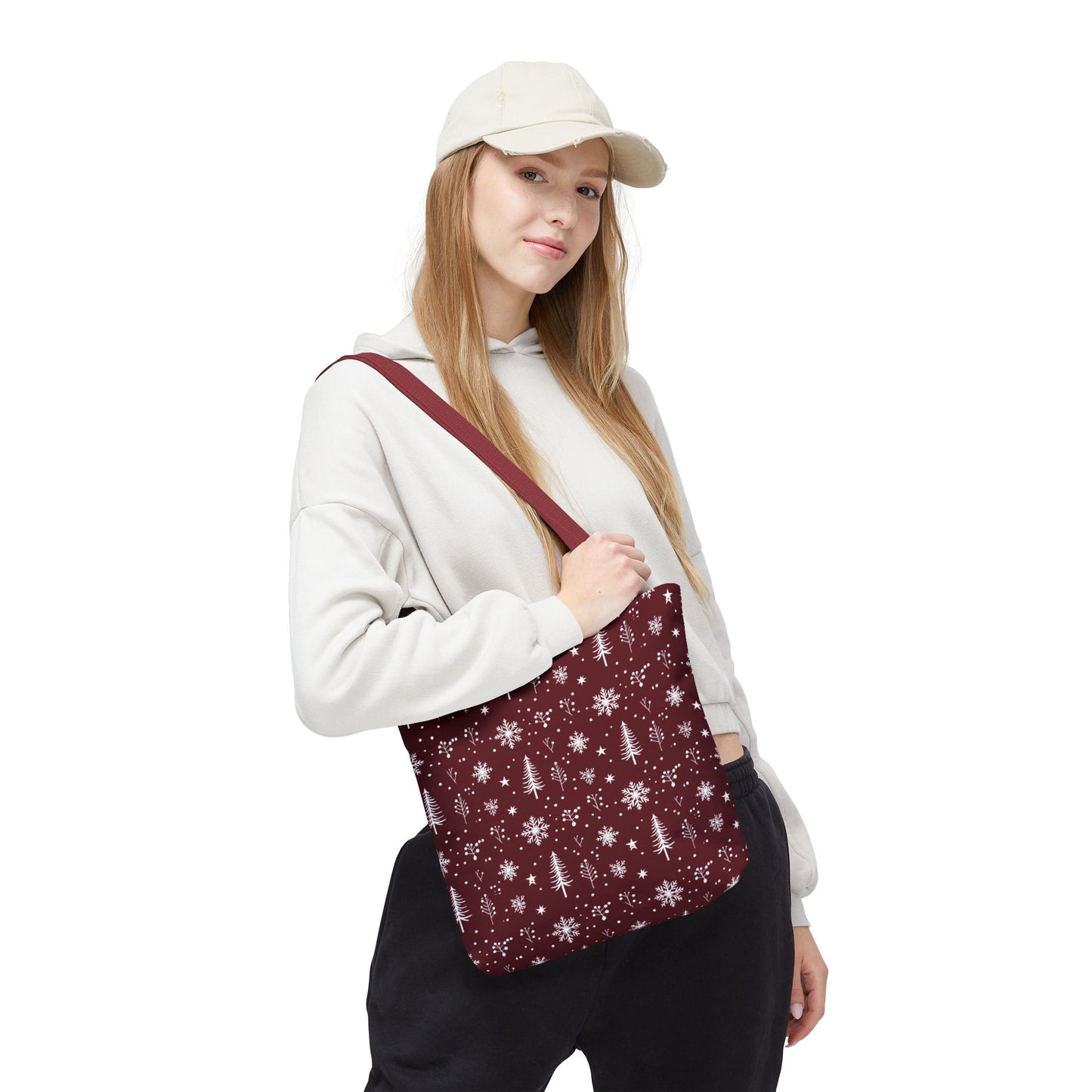 Christmas Snowflake Tote Bag – Burgundy Holiday Patterned Carryall