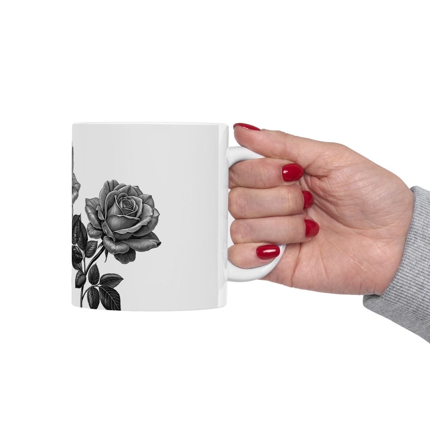 Elegant Floral Ceramic Mug - Black and White Rose Design, Coffee Cup, Gift for Her, Home Decor, Tea Lover's Perfect Mug