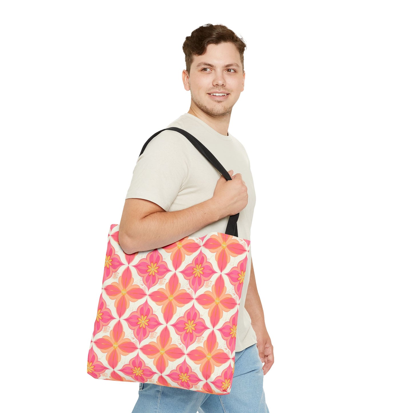 Pink Floral Geometric Tote Bag — All-Over Print Reusable Shopper