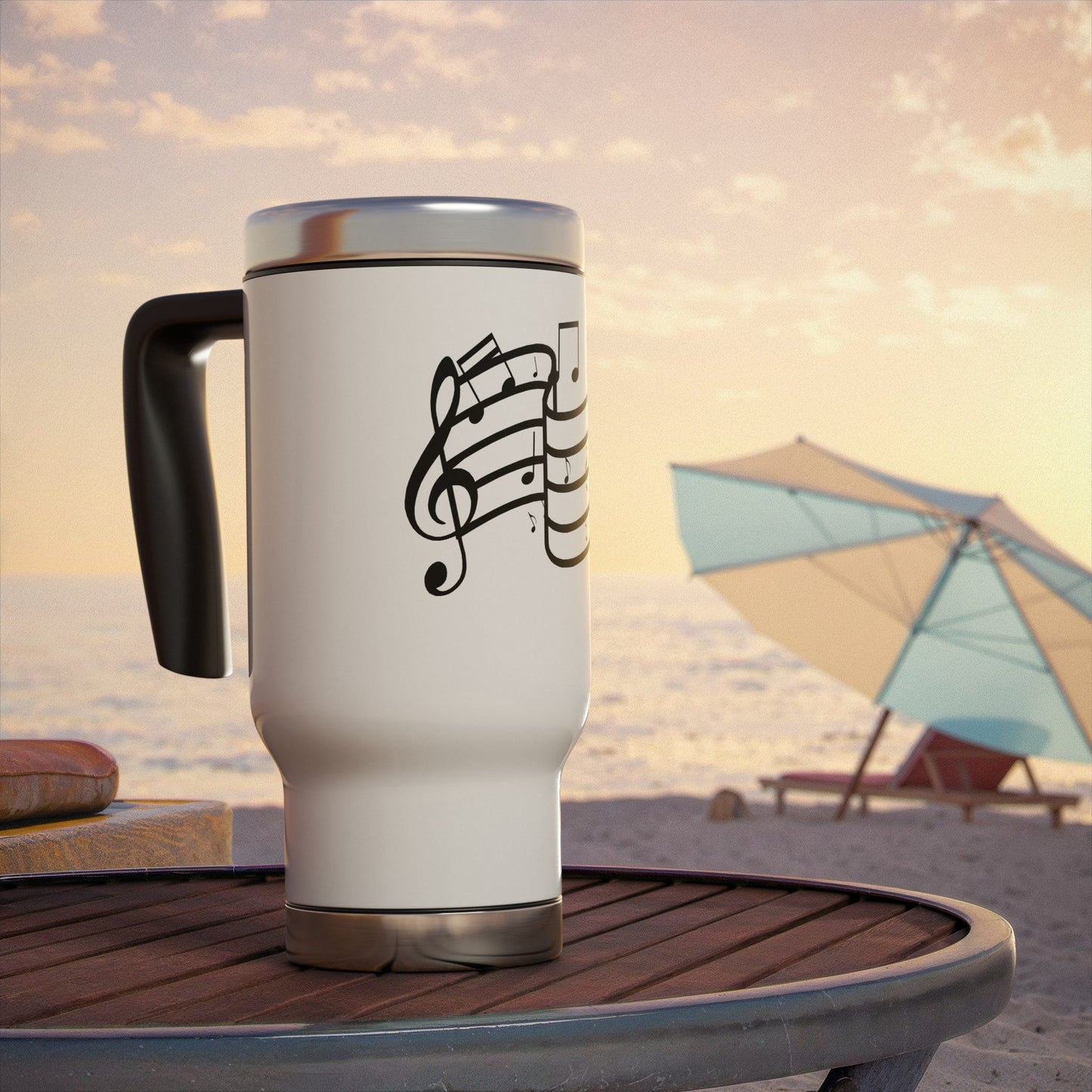 Music Notes 14oz Stainless Steel Travel Mug with Handle – Musical Staff Design