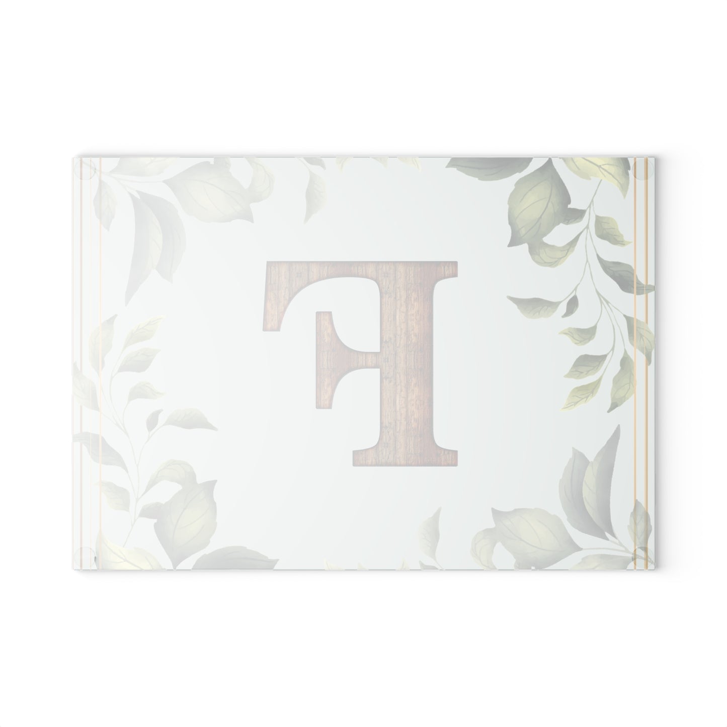 Monogram Glass Cutting Board – Rustic Wood 'F' with Greenery Border