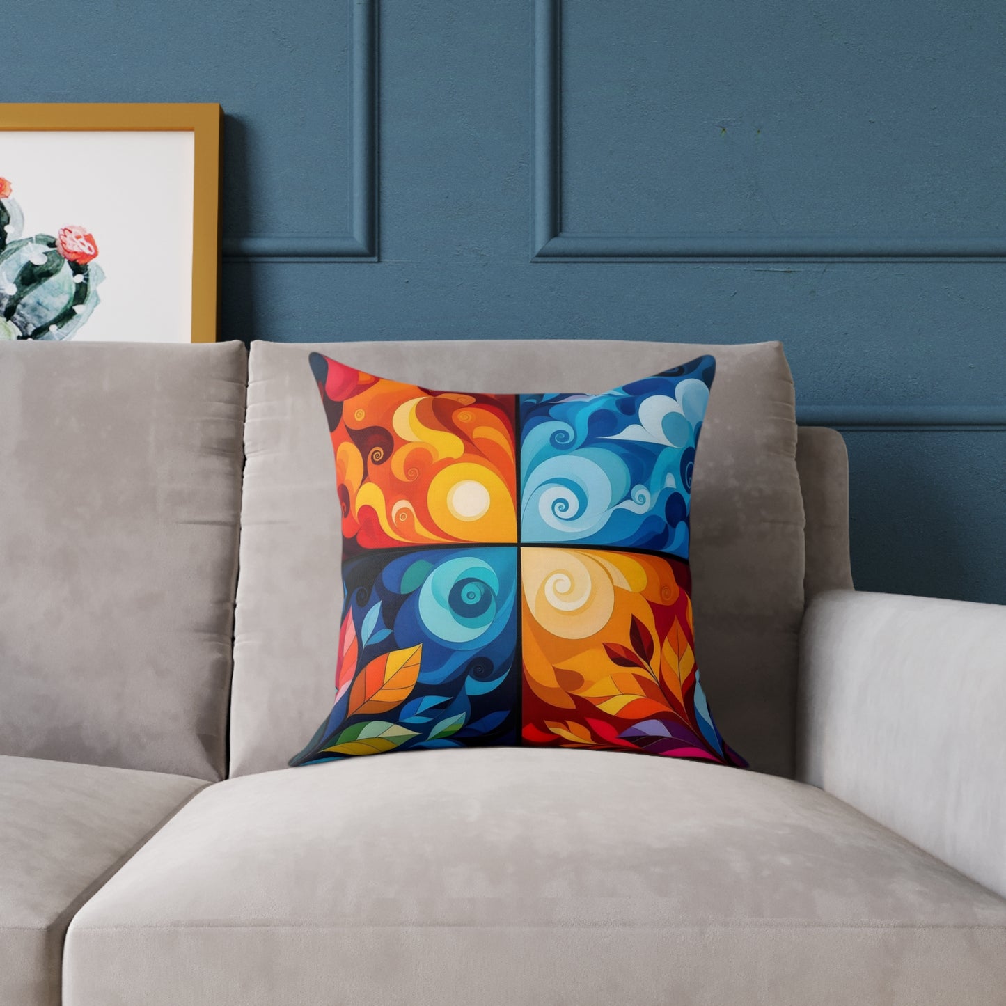 Abstract Seasons Square Pillow — Colorful Four-Panel Decorative Throw Pillow