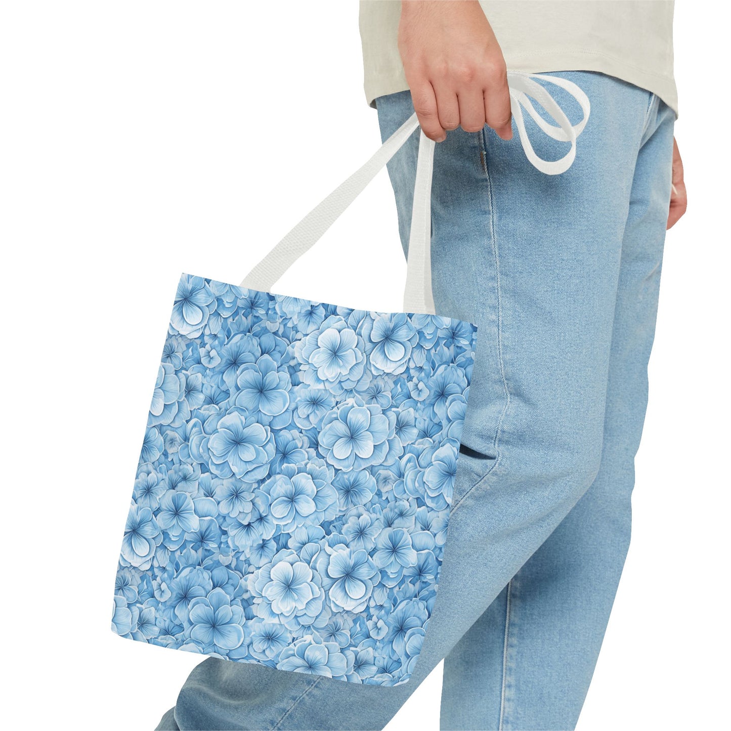 Blue Watercolor Floral Tote Bag — Reusable Flower Pattern Shopper