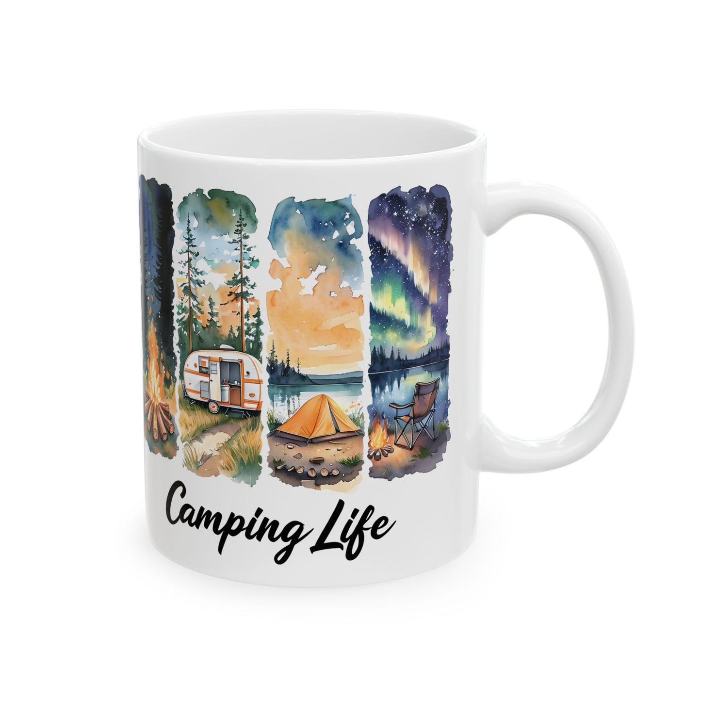 Camping Life Ceramic Mug — Scenic Campfire & Northern Lights Coffee Cup (11oz/15oz)