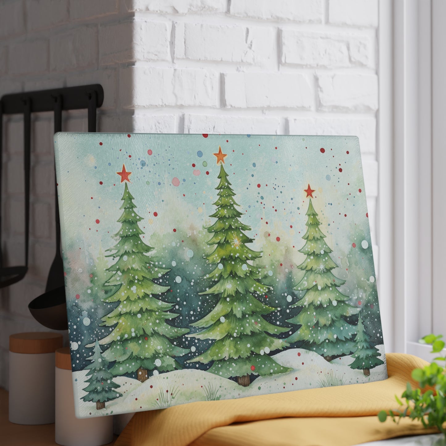 Glass Cutting Board — Watercolor Christmas Trees Holiday Kitchen Decor