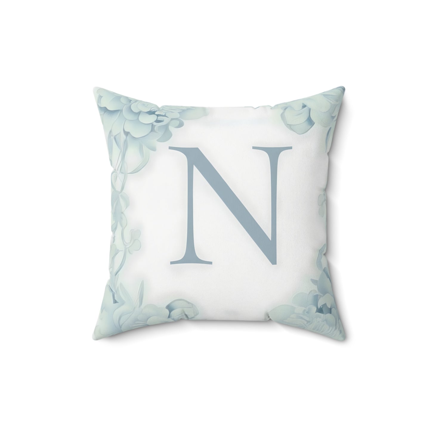 Monogram N Floral Throw Pillow — Soft Blue Initial Decorative Accent