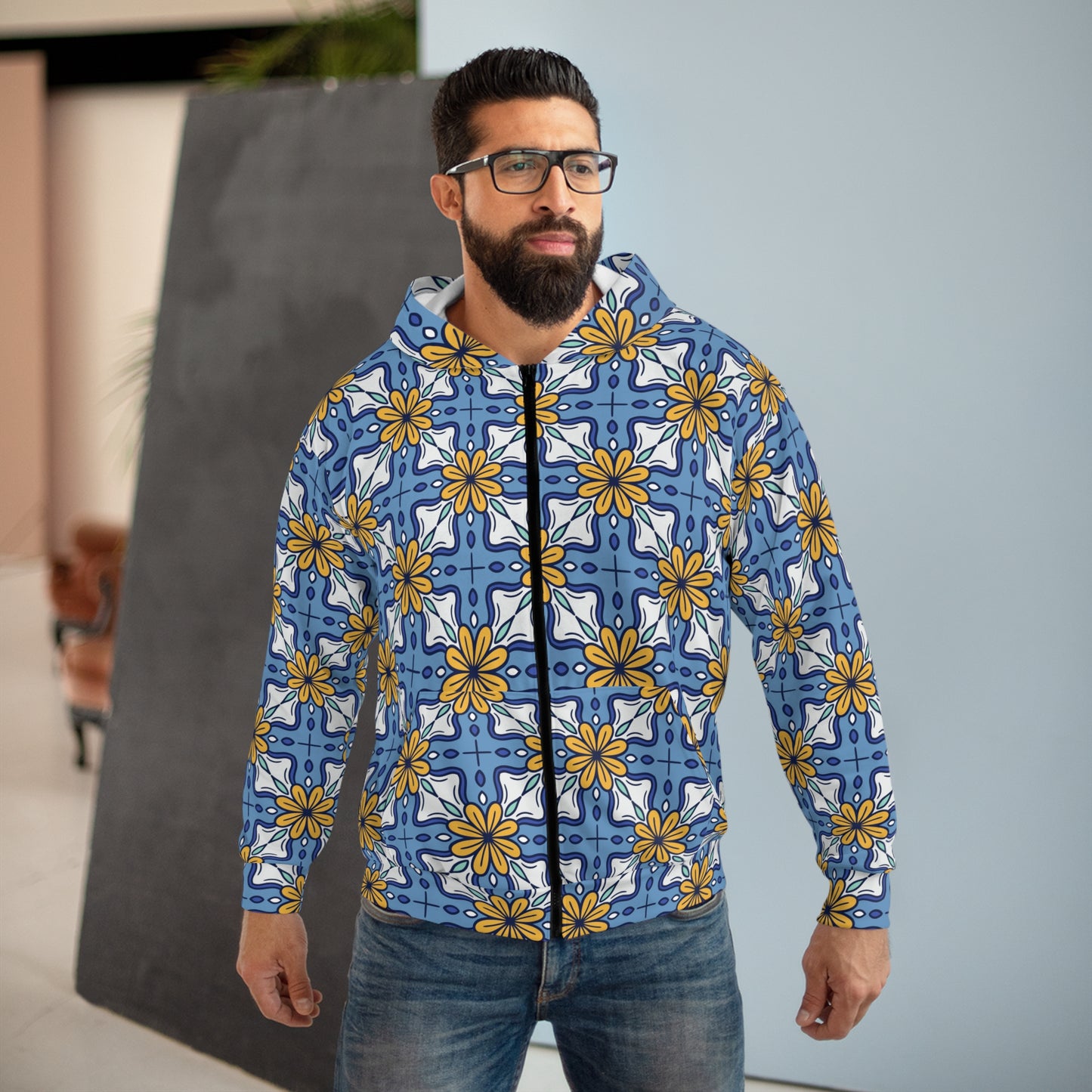 Floral Pattern Unisex Zip Hoodie, Stylish Layer, Cozy Sweatshirt, Casual Wear, Everyday Comfort, Spring Fashion