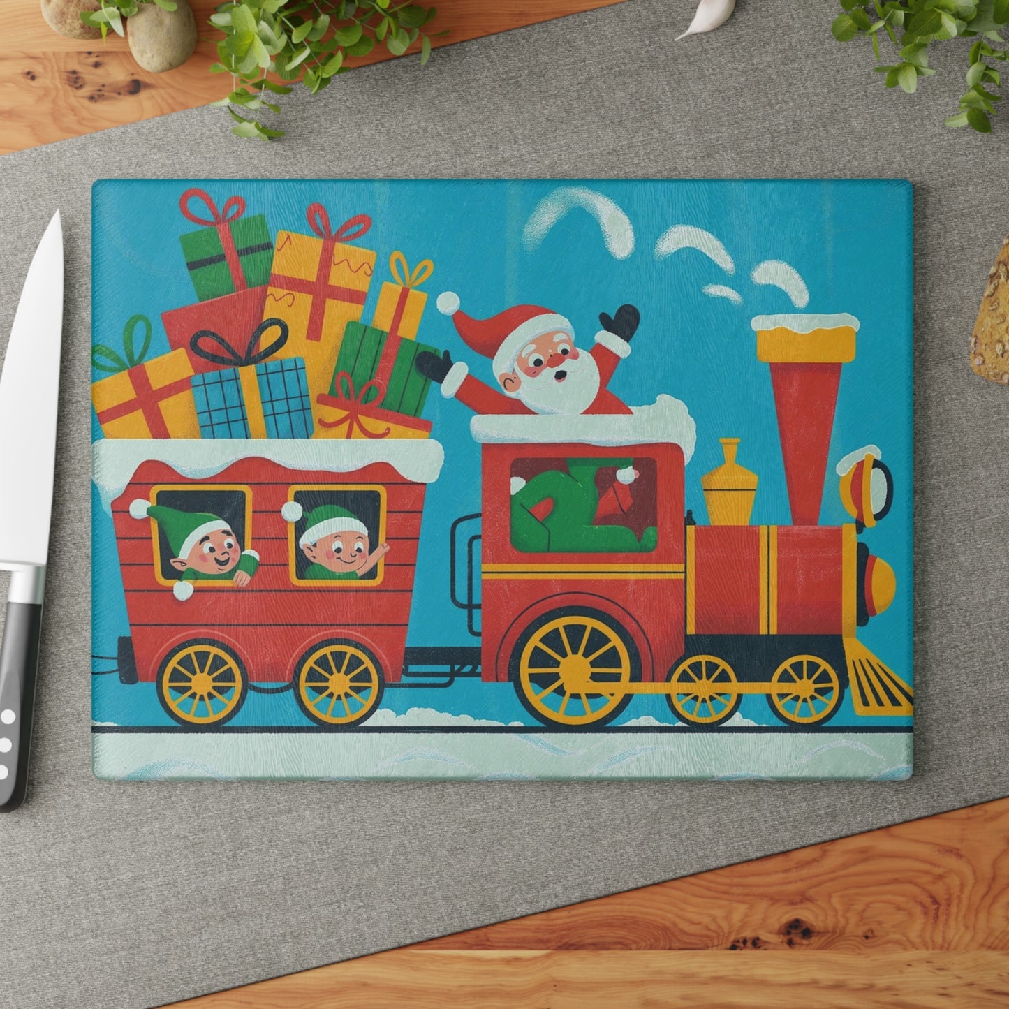 Christmas Santa Train Glass Cutting Board — Festive Holiday Kitchen Decor