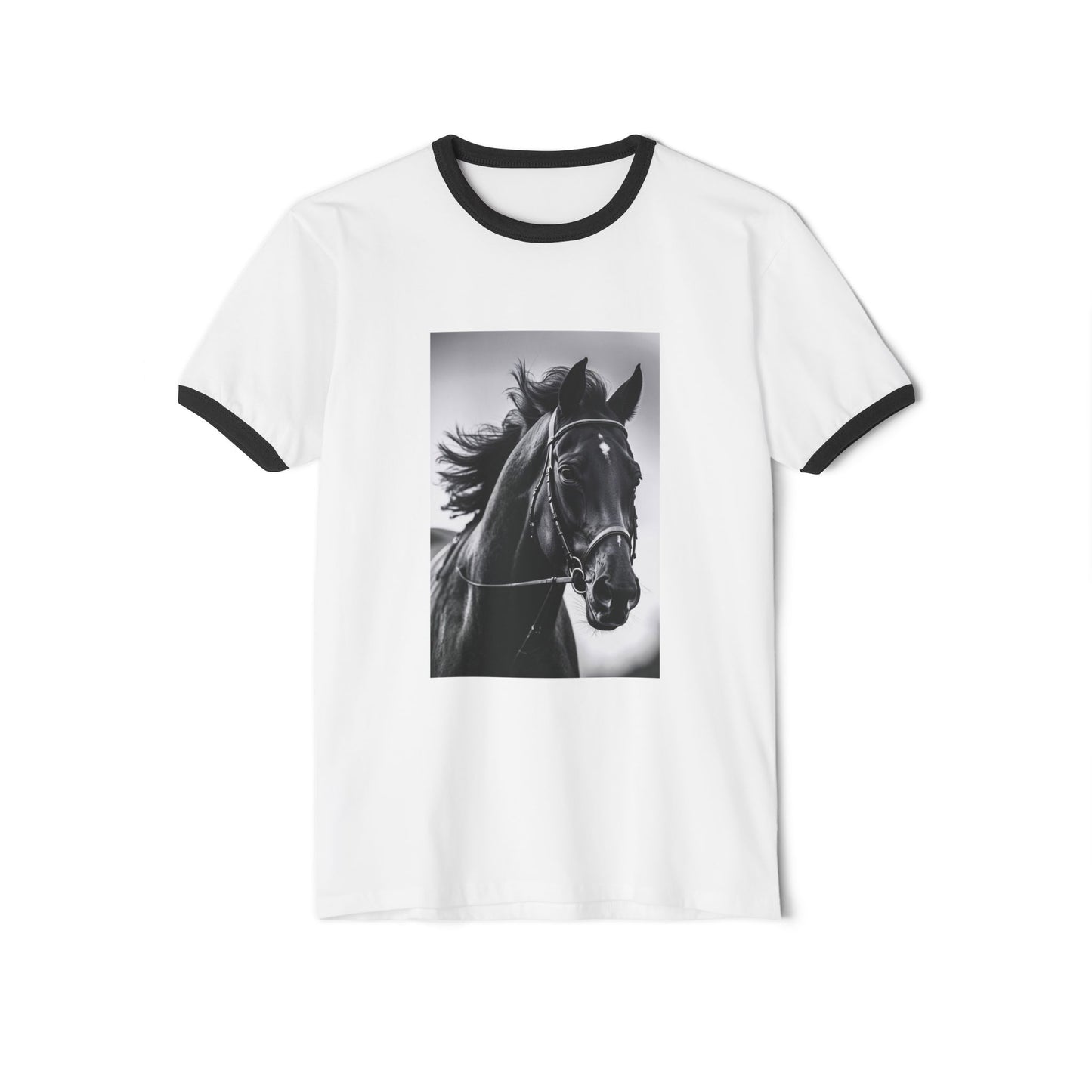 Horse Portrait Ringer T-Shirt — Black Stallion Graphic Tee for Equestrian Lovers