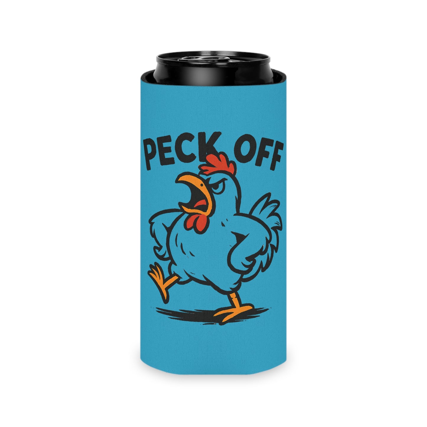Can Cooler – 'Peck Off' Angry Rooster Drink Holder (Funny Farm Animal Koozie)