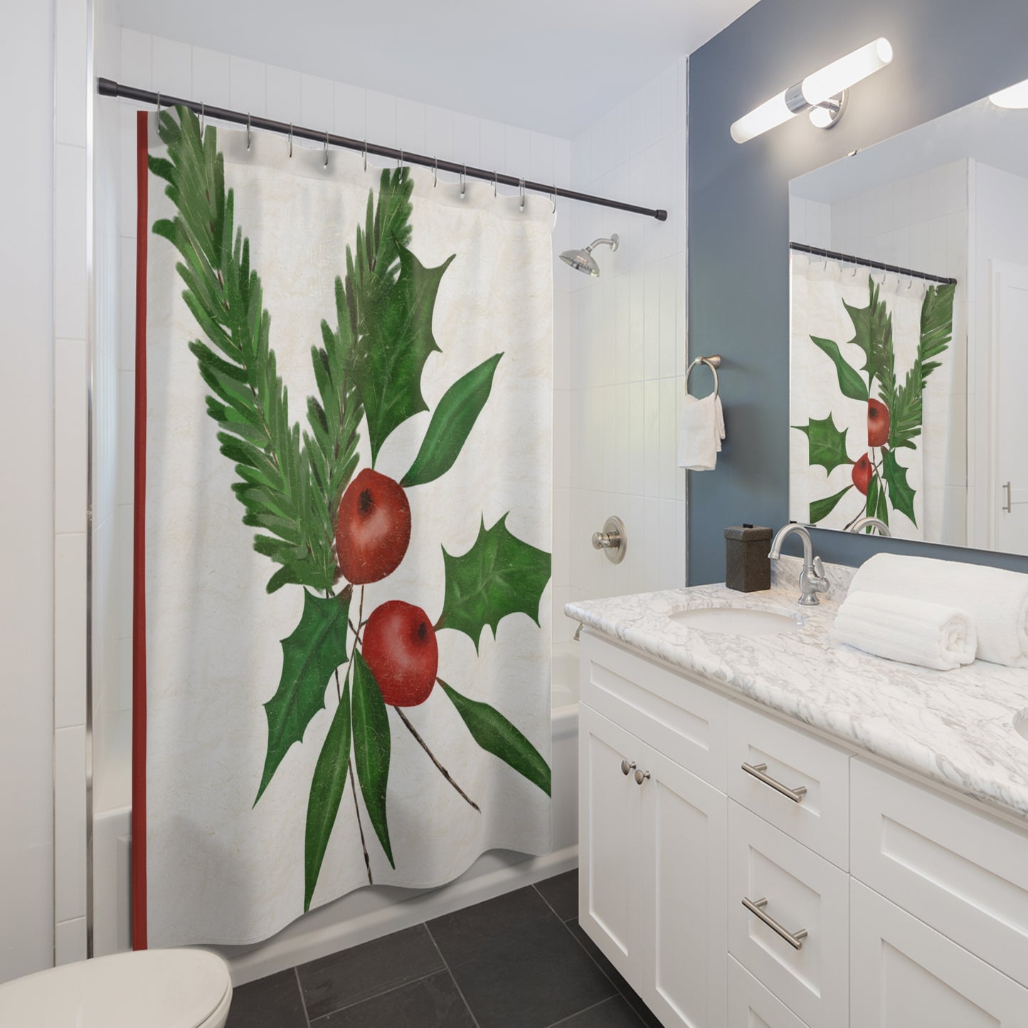 Christmas Shower Curtain with Holly and Berries, Festive Bathroom Decor for Holiday Hosting, Winter Home Decoration, Seasonal Gift Idea