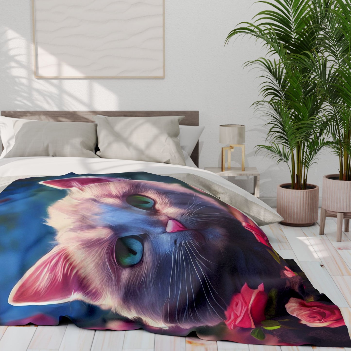 Cozy Cat-Themed Fleece Blanket, Cute Cat Gift, Floral Throw Blanket, Pet Lover Decor, Cat Lover Gift, Home Comforts