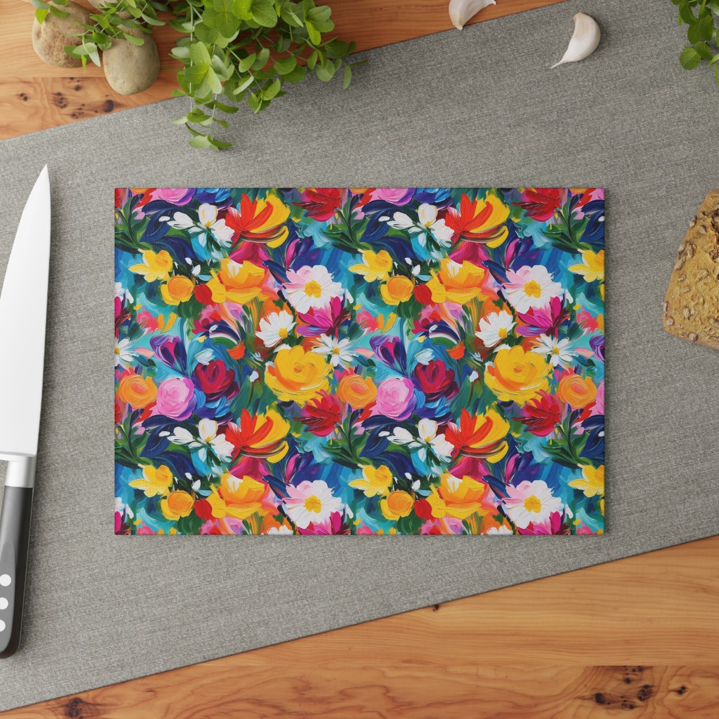 Floral Glass Cutting Board — Bright Watercolor Garden Kitchen Board