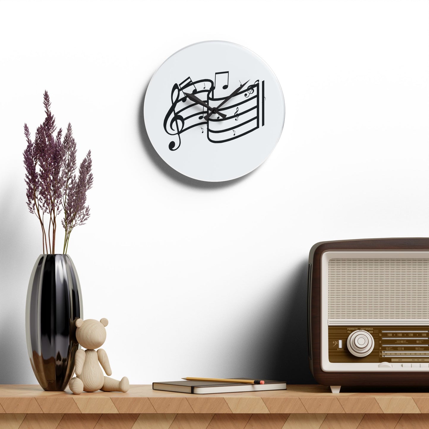 Musical Notes Acrylic Wall Clock — Black Treble Clef Design