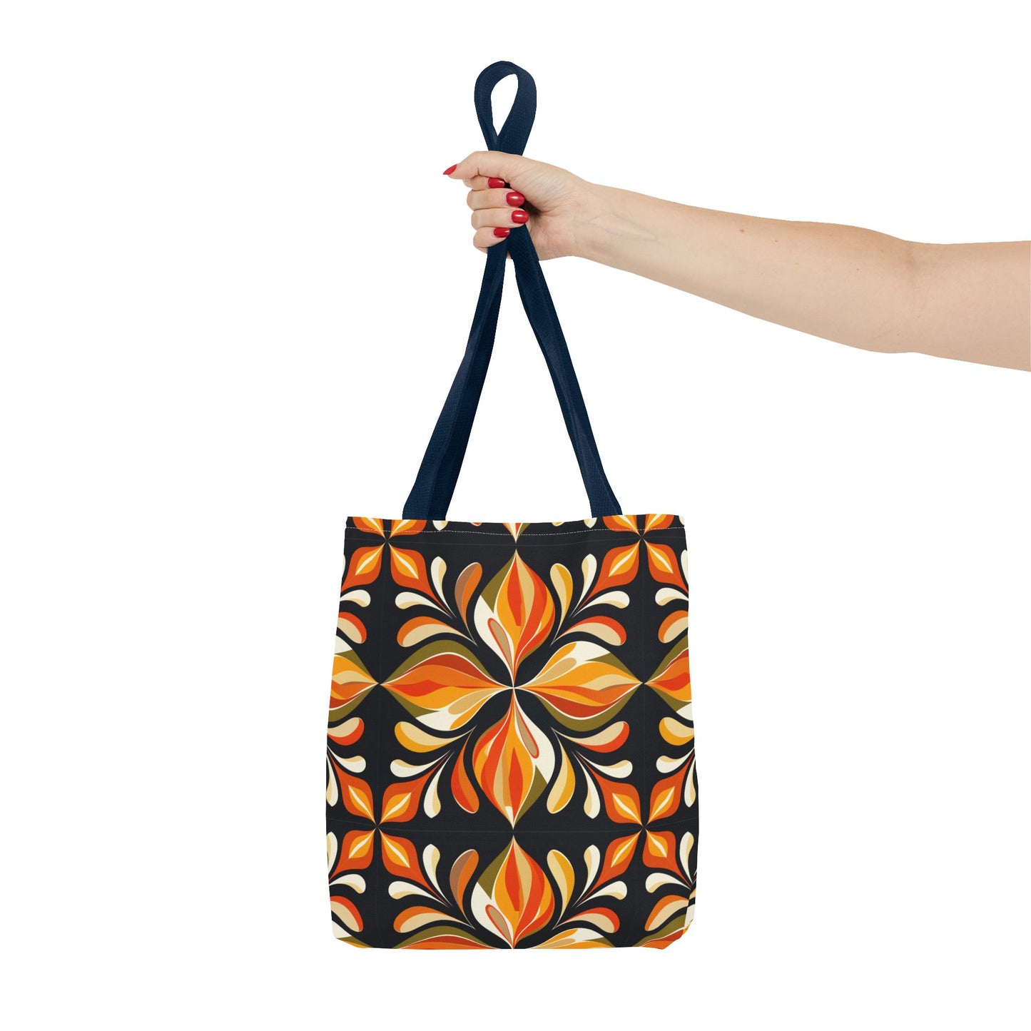 Retro Floral Tote Bag — Orange & Black Boho Pattern