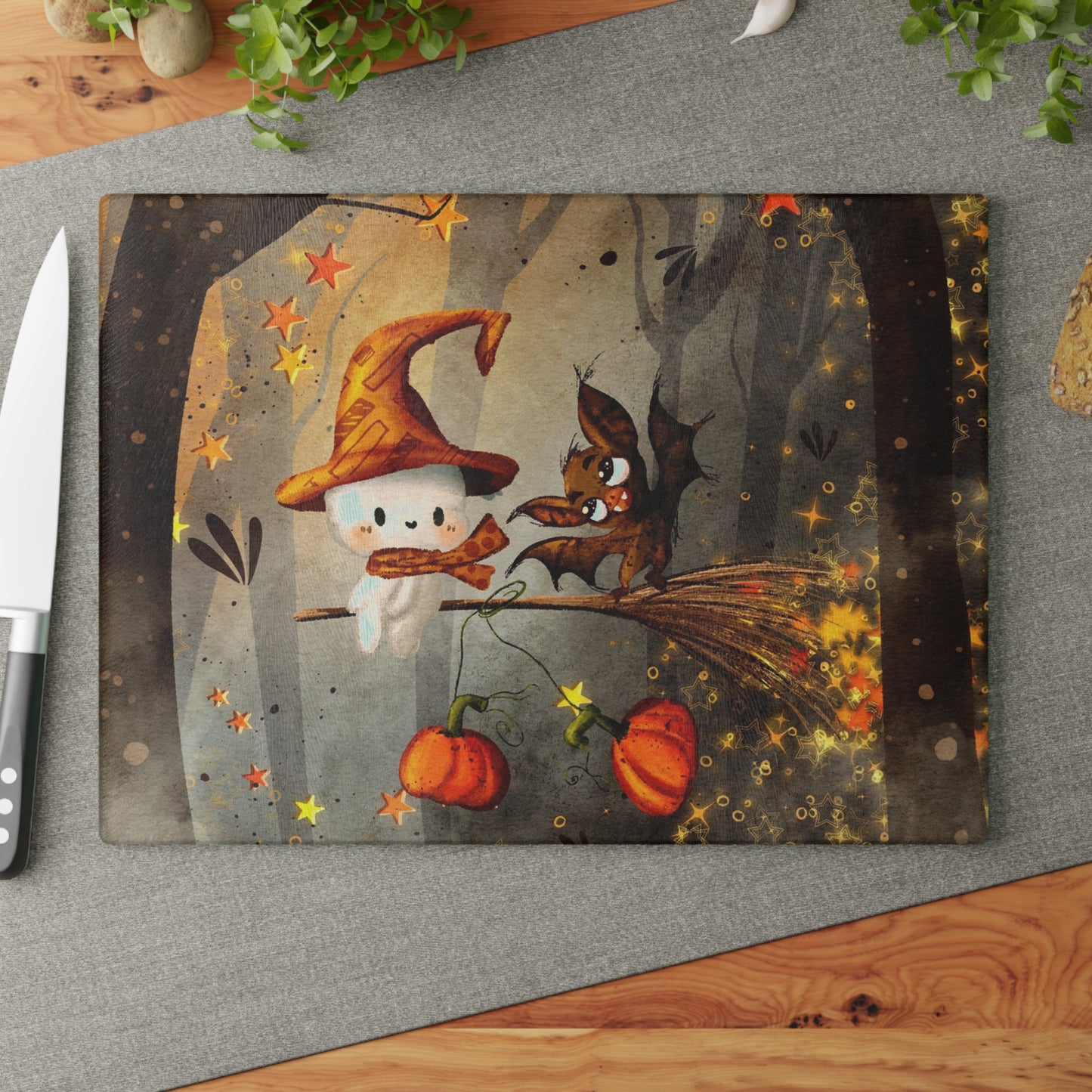 Whimsical Halloween Glass Cutting Board - Perfect for Fall Decor, Kitchen Gift, Trick or Treat, Pumpkin Lover, Halloween Party Supplies