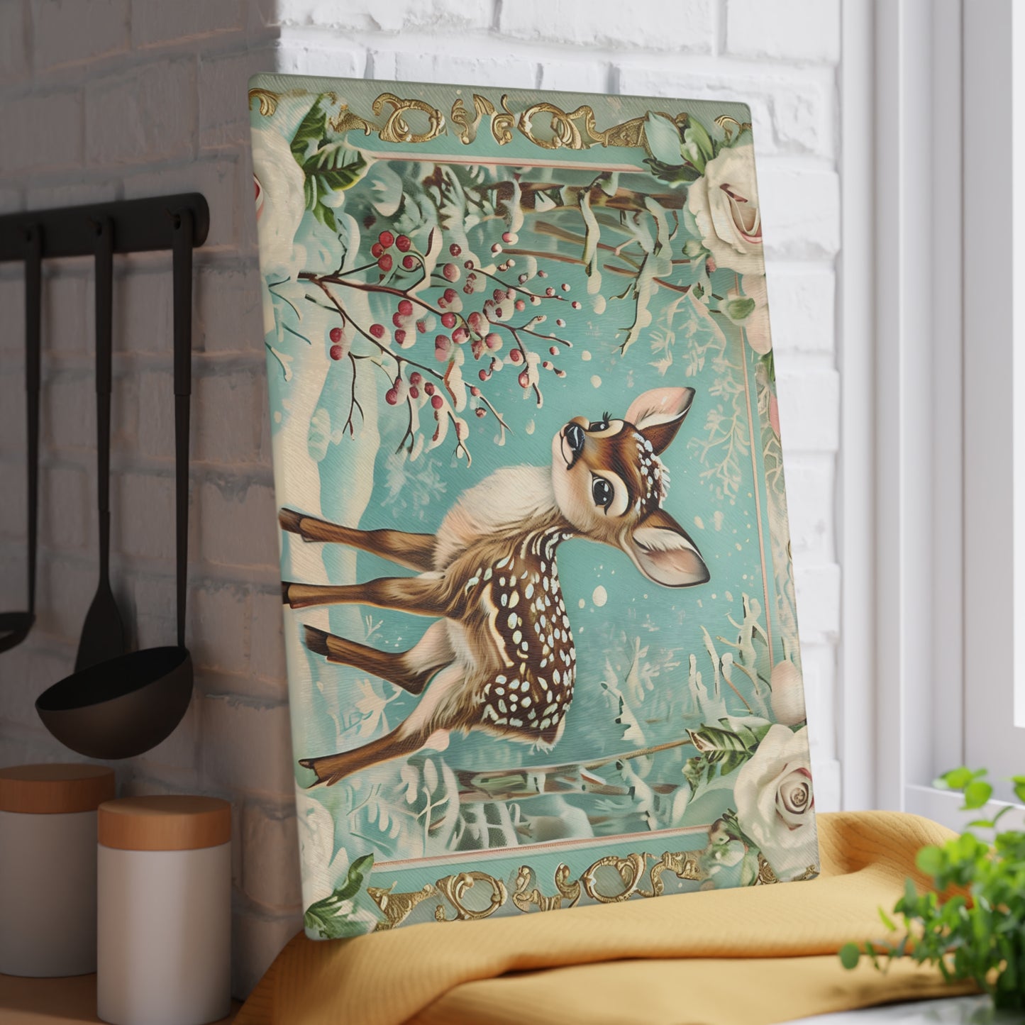 Winter Forest Deer Glass Cutting Board, Kitchen Décor, Unique Gift, Holiday Entertaining, Rustic Home Decor, Woodland Animal Design