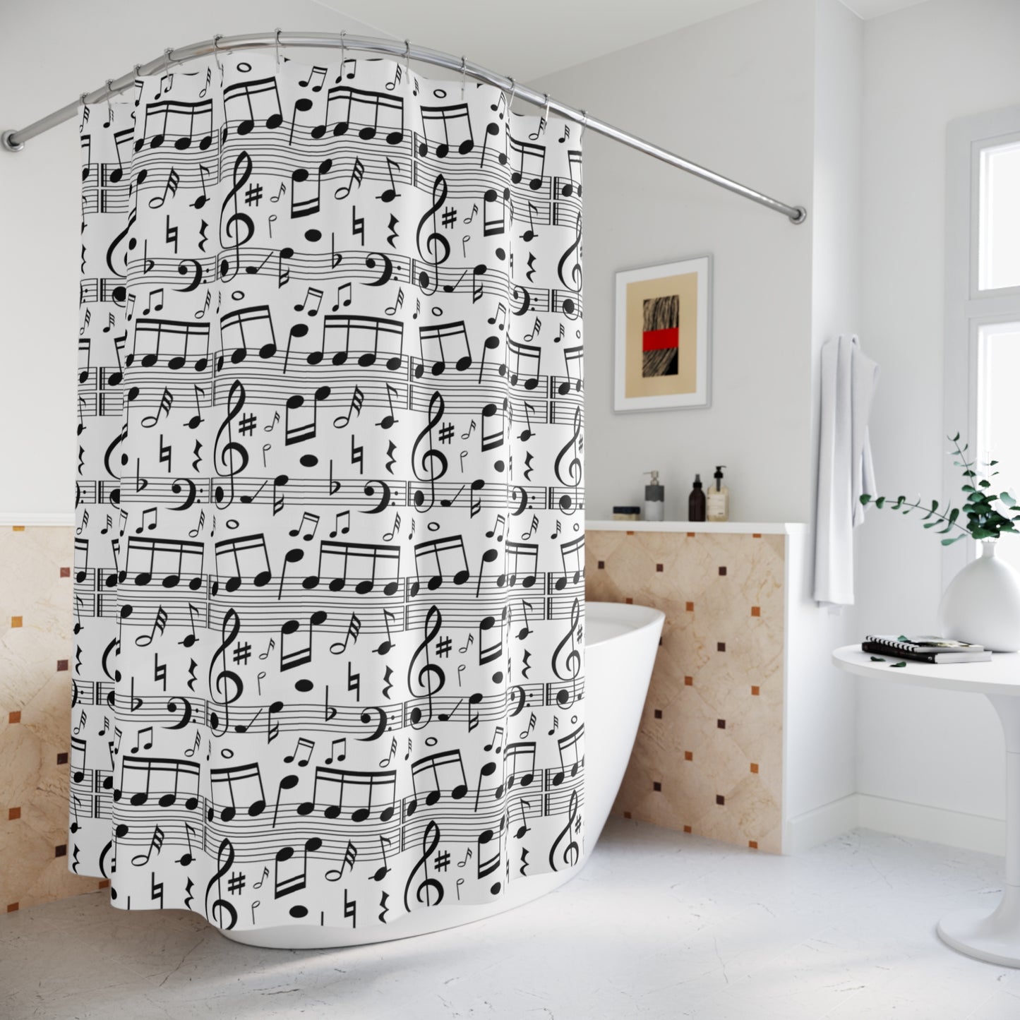 Music Notes Shower Curtain — Black & White Musical Score Bathroom Decor
